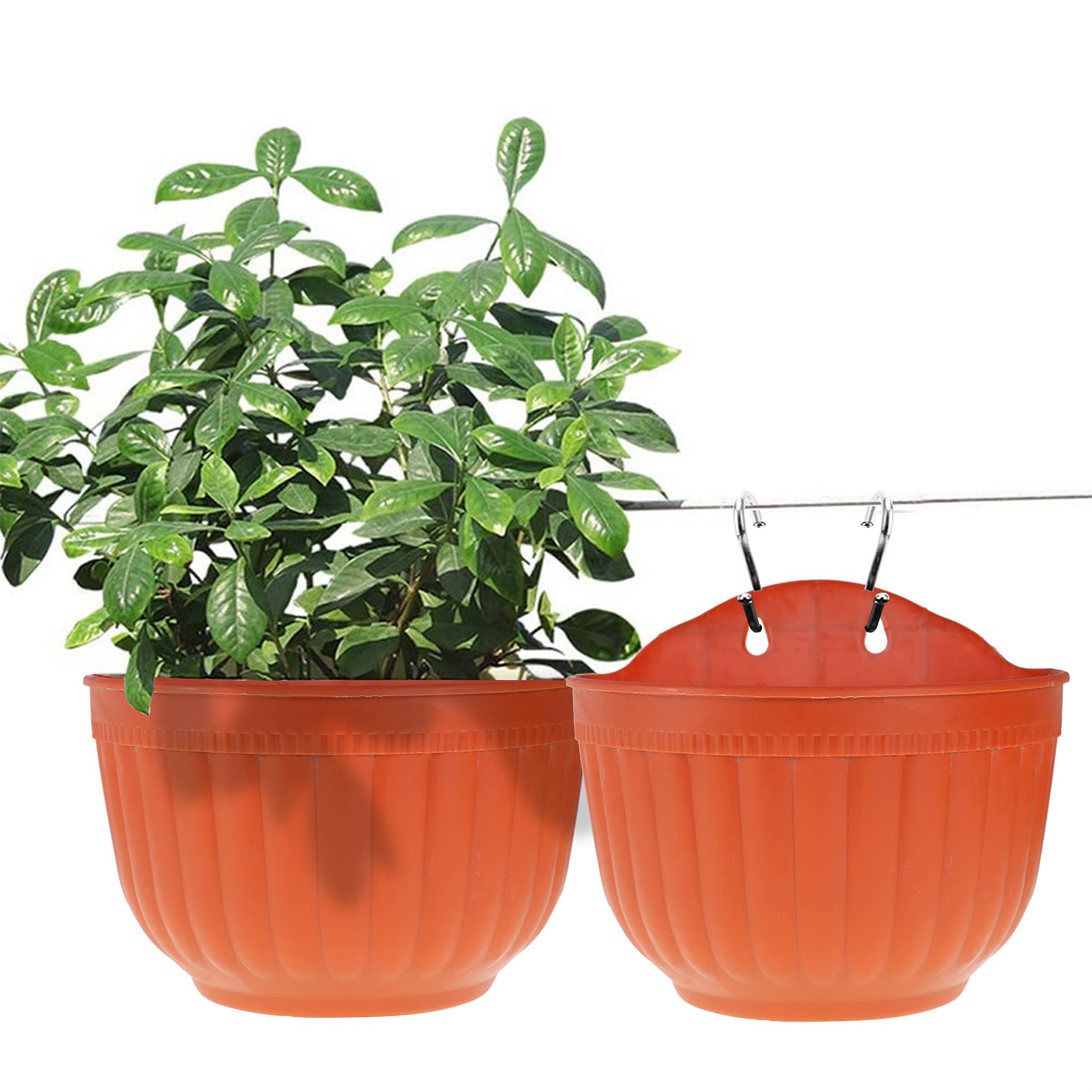 4 Pcs Resin Wall Hanging Planter - 8.1 Inch Half Round Flower Pot Basket with S Hooks & Water Storage Space - Brick Red - Perfect for Indoor/Outdoor Gardens, Balconies, Patios & Home Decor