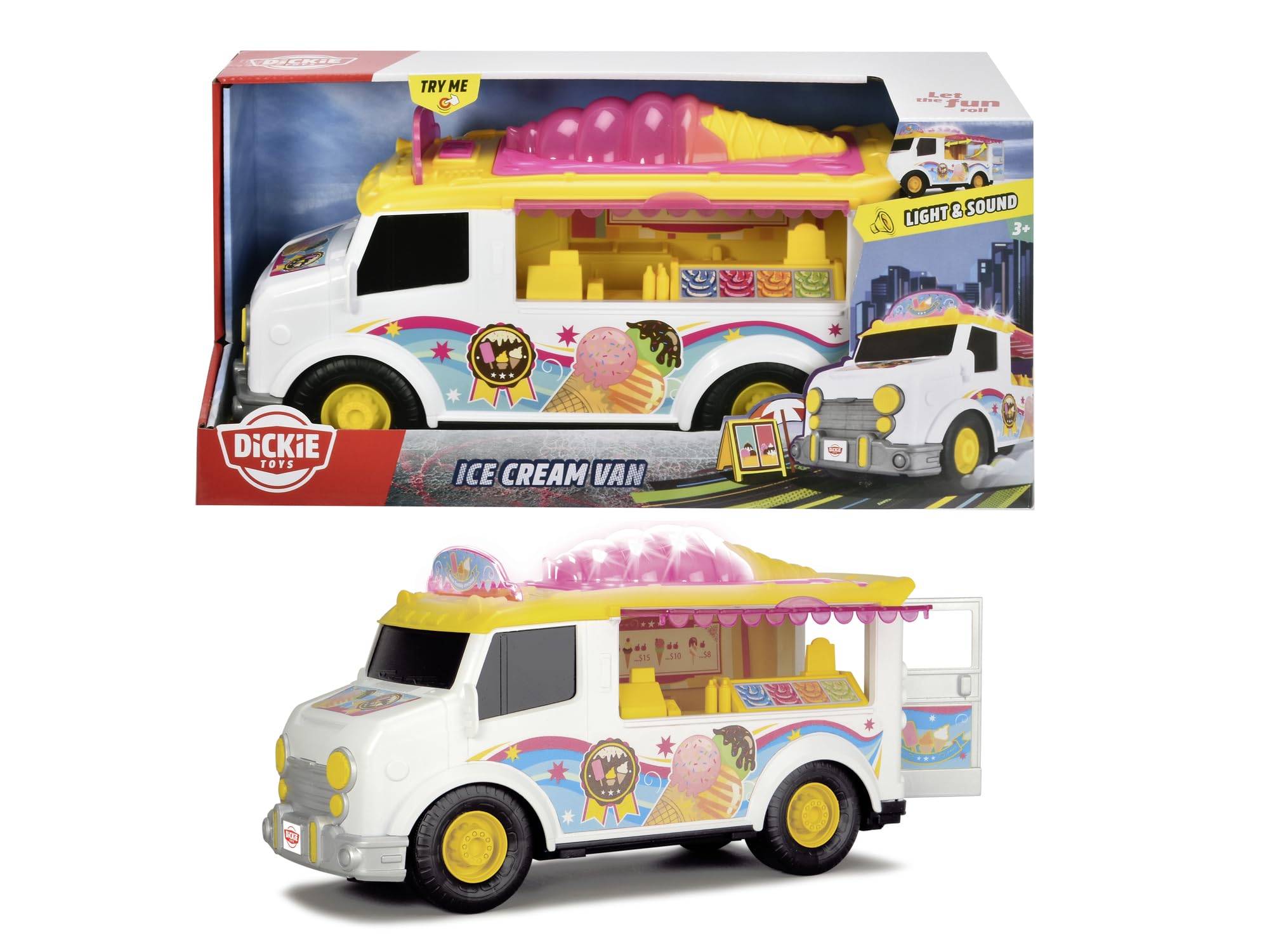 DICKIE TOYS 12 Inch Ice Cream Truck Toy - White and Yellow Ride-On Vehicle for Kids | Pretend Play, Outdoor Fun, Birthday Gift for Toddlers & Children