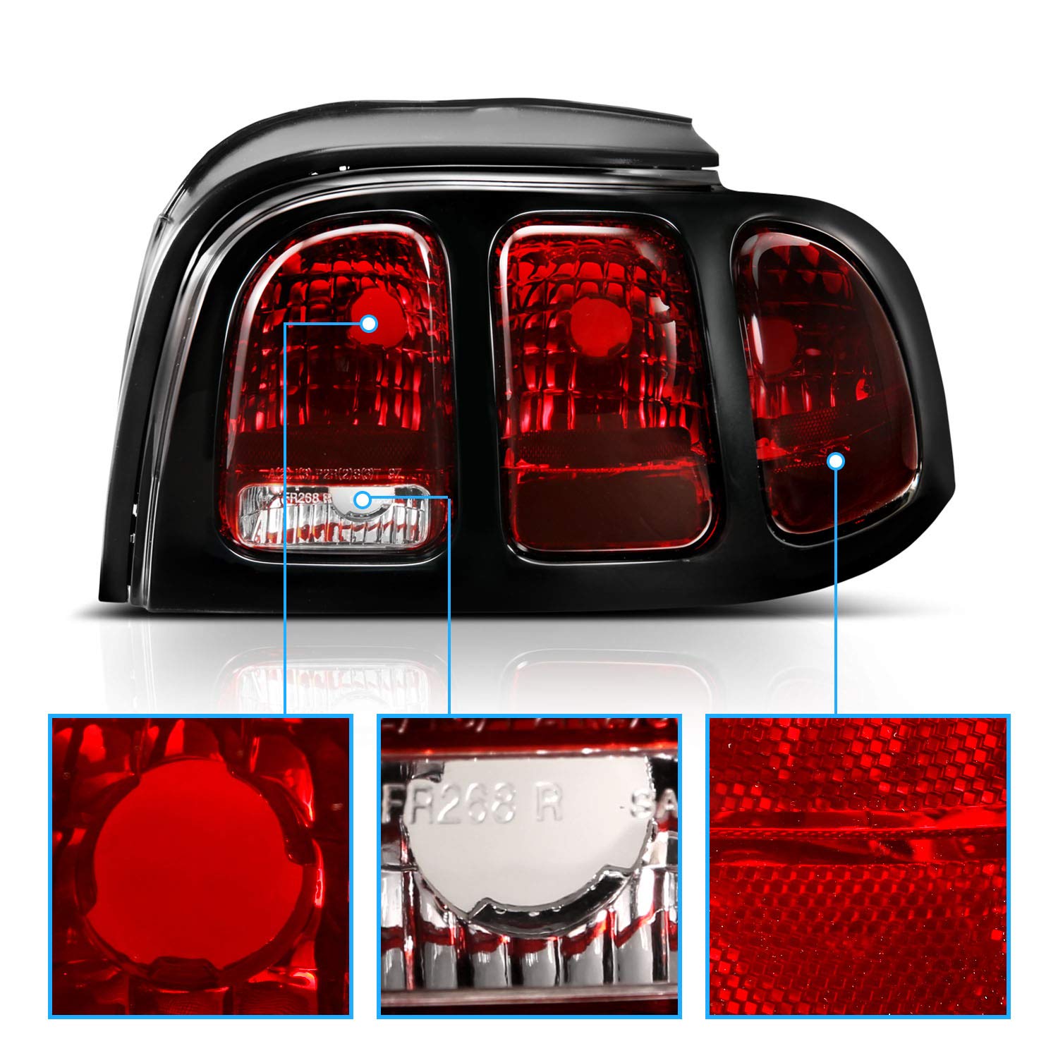 1994-1998 Ford Mustang Black Housing Dark Red LED Brake Tail Lights Set - OE Style Replacement for Passenger & Driver Side | Enhanced Night Visibility & Safety