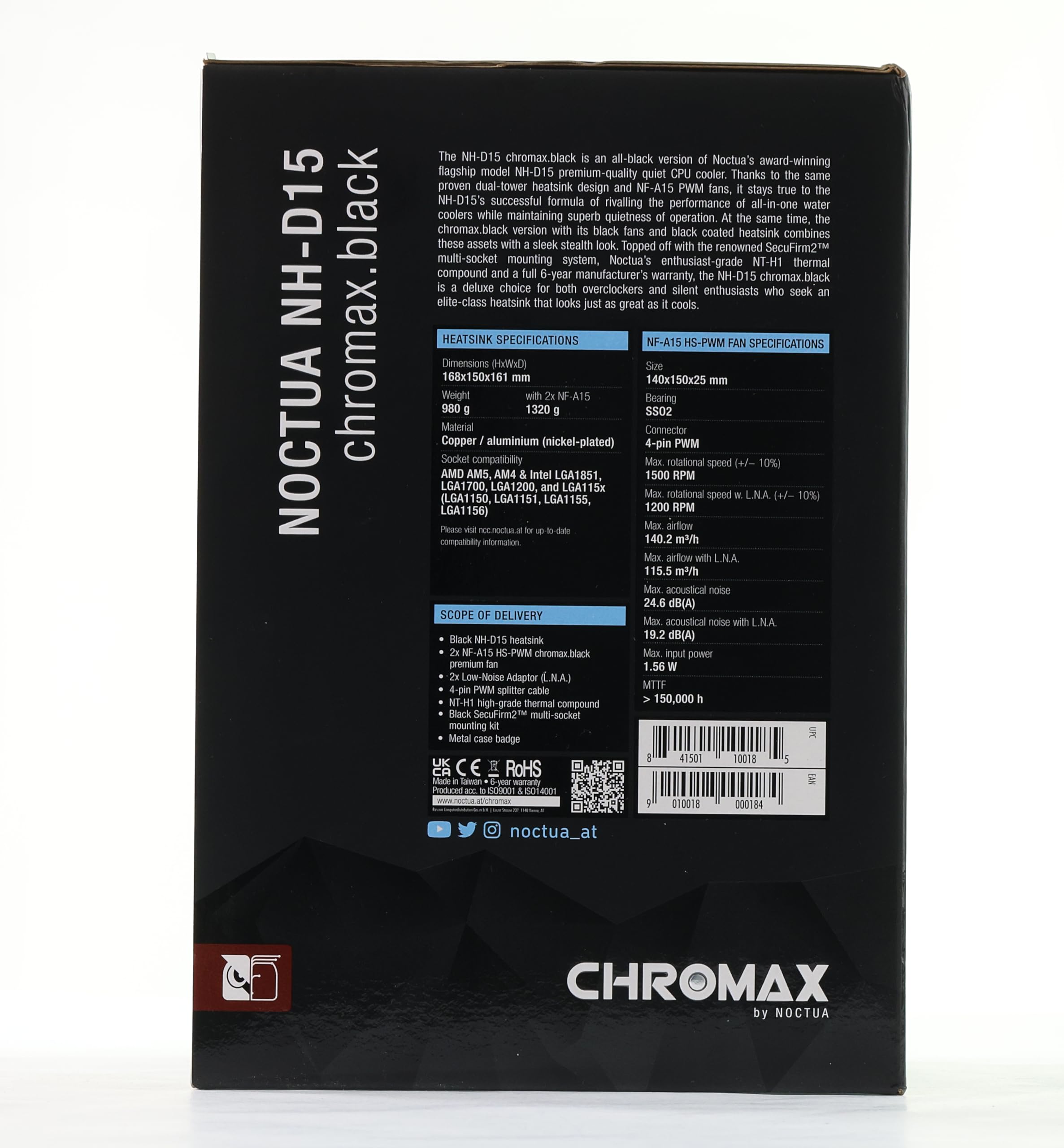 Noctua NH-D15 chromax.Black Premium Dual Tower CPU Cooler with 140mm Fans - High Performance Air Cooling for Gaming PC, Workstation & Overclocking - Quiet Operation & Black Aesthetic Design