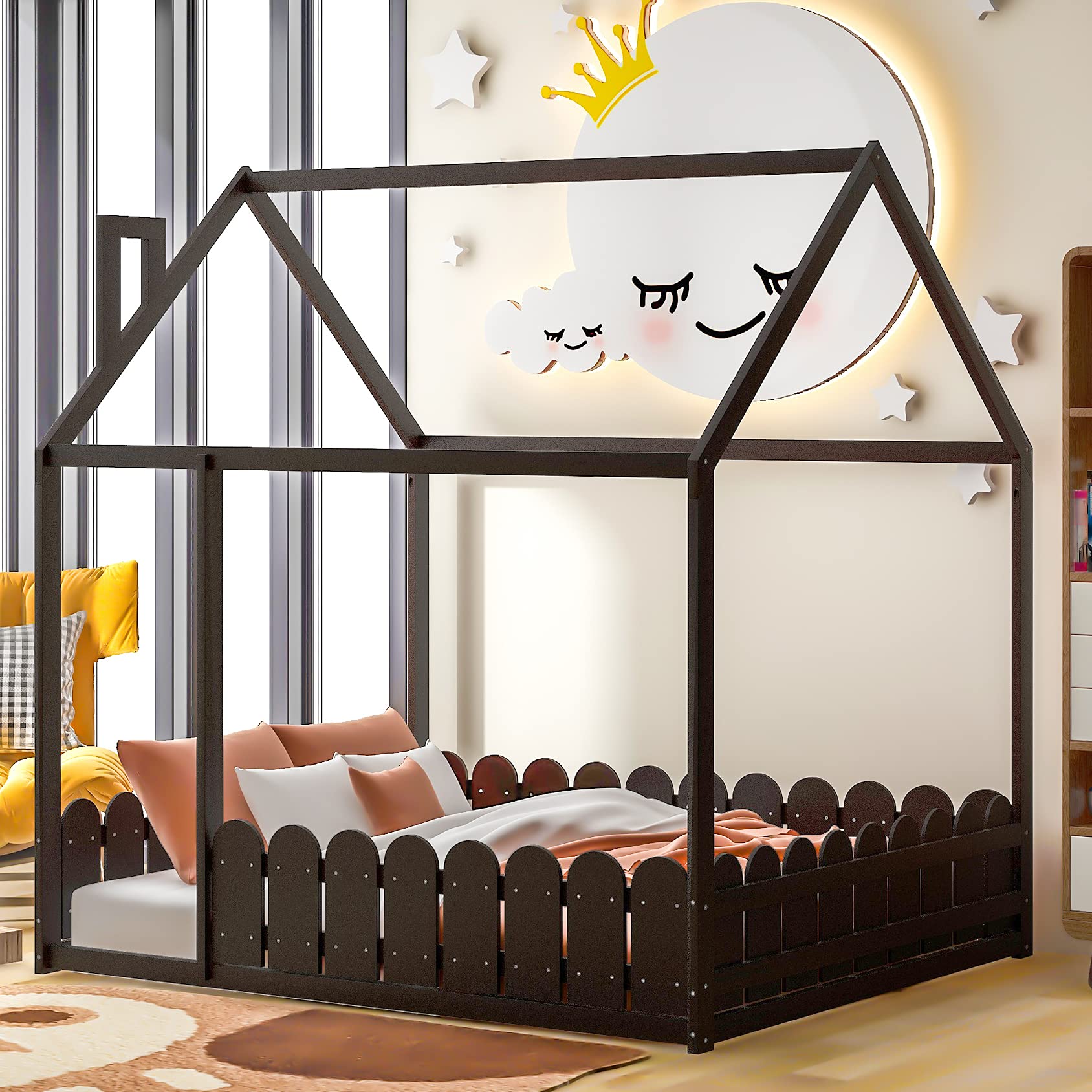 **Full Size Kids House Bed with Wooden Fence & Roof - Toddler Bed Frame for Boys & Girls in Espresso - Perfect for Playrooms, Bedrooms & Imaginative Play**