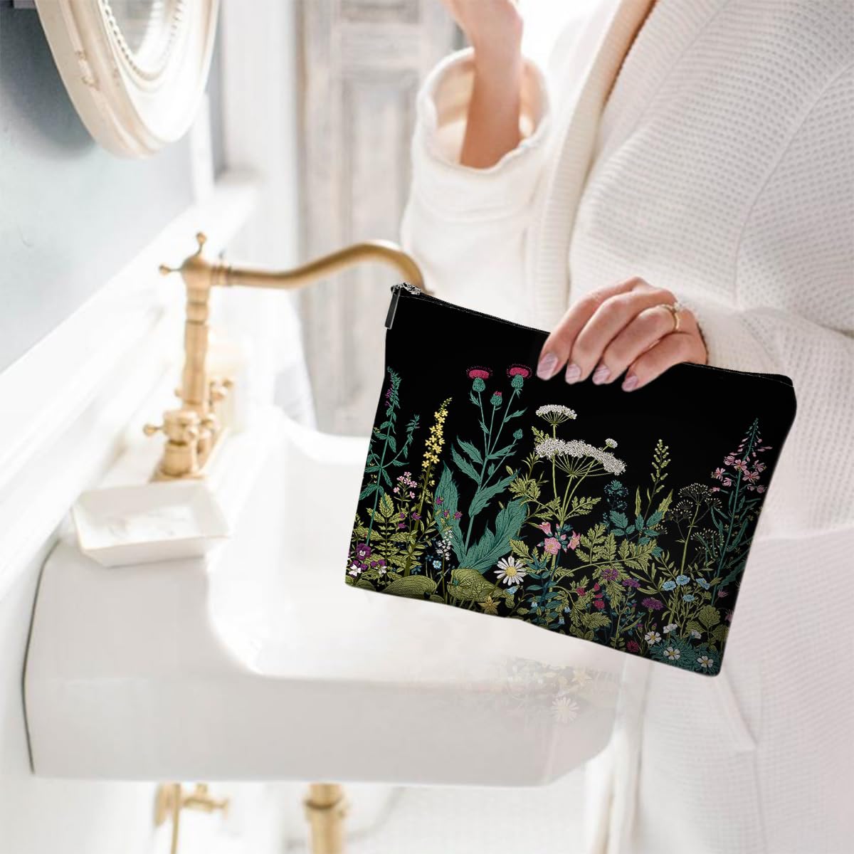 Waterproof Small Makeup Bag for Women - Cute Canvas Cosmetic Pouch with Zipper for Travel & Purse Organization - Wildflowers Design Toiletry Bag for Daily Use, Gym & Vacation Essentials