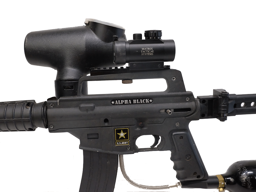 Tippmann M16 Alpha Black Tactical Paintball Gun with CO2 Canister & Cyclone Feed System - Includes Matrix Tactical Scope - Perfect for Outdoor Combat Games, Military Simulation & Paintball Tournaments