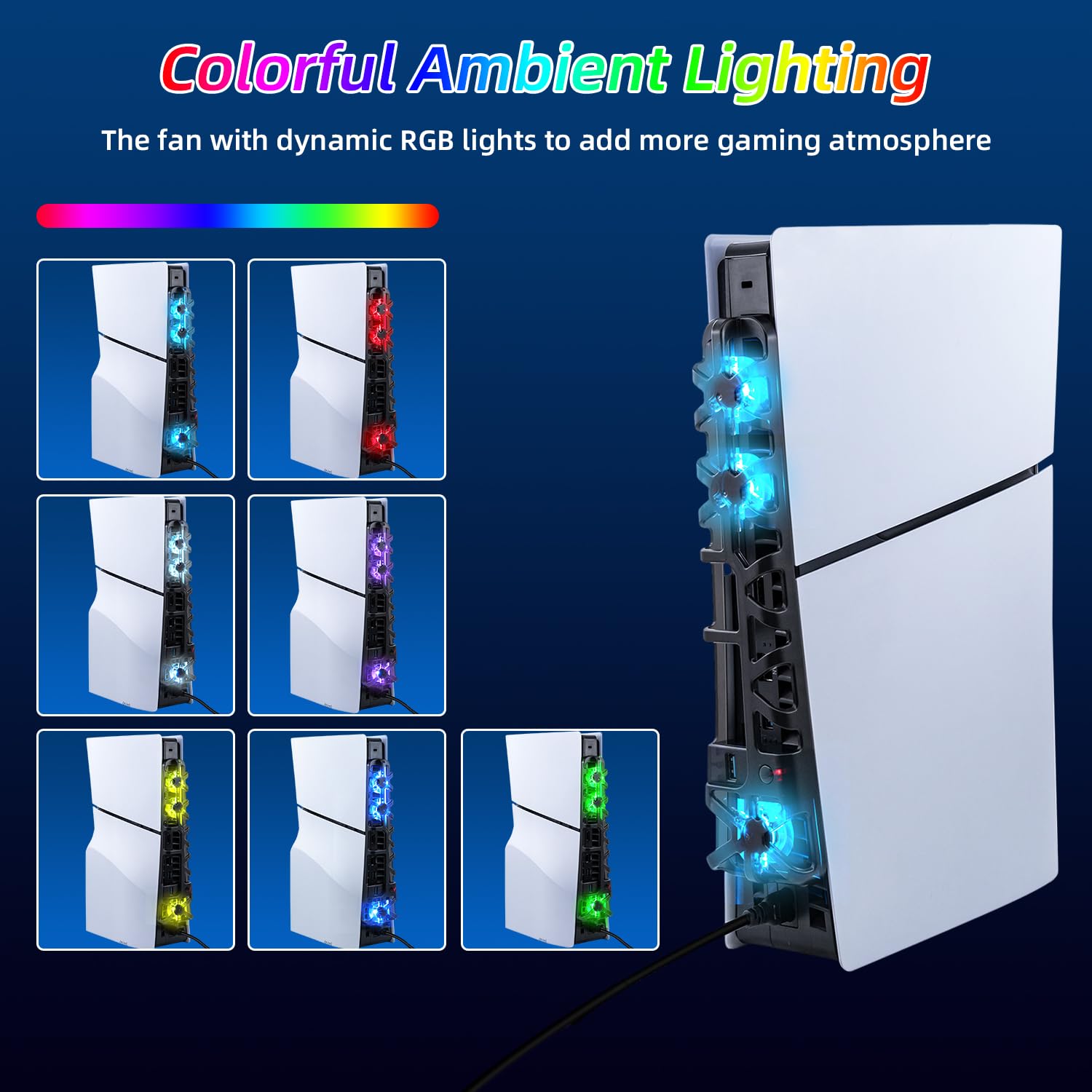 RGB Cooling Fan for PS5 Slim - 3 Fast Cooling Fans with Intelligent Temperature Control, Compatible with PS5 Slim DE/UHD (Not for PS5/PS5 Pro) - Perfect for Gaming Sessions and Overheating Prevention
