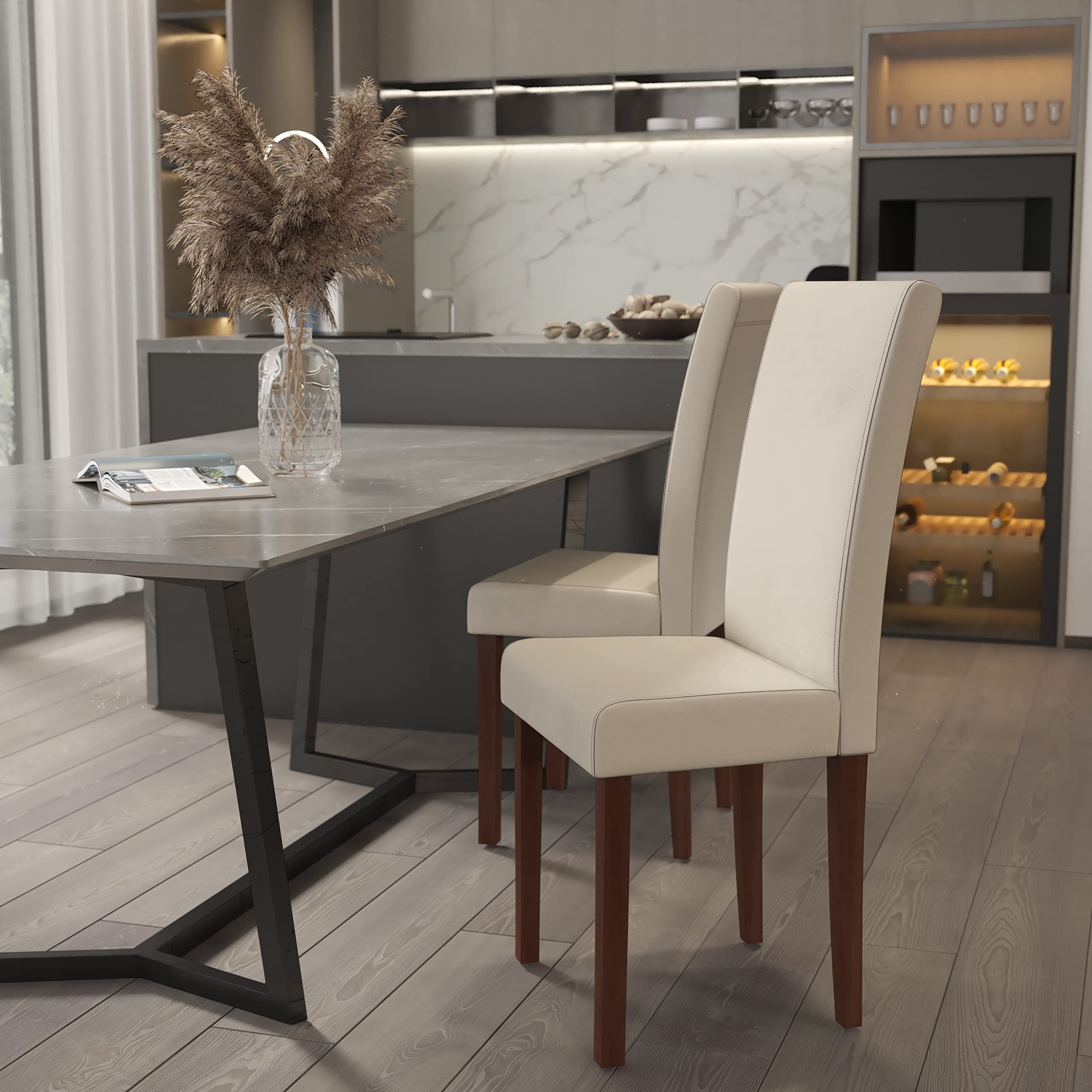 EMMA + OLIVER Beige LeatherSoft Parsons Dining Chair with Mahogany Legs - Elegant Home Office & Formal Dining Room Furniture for Entertaining Guests