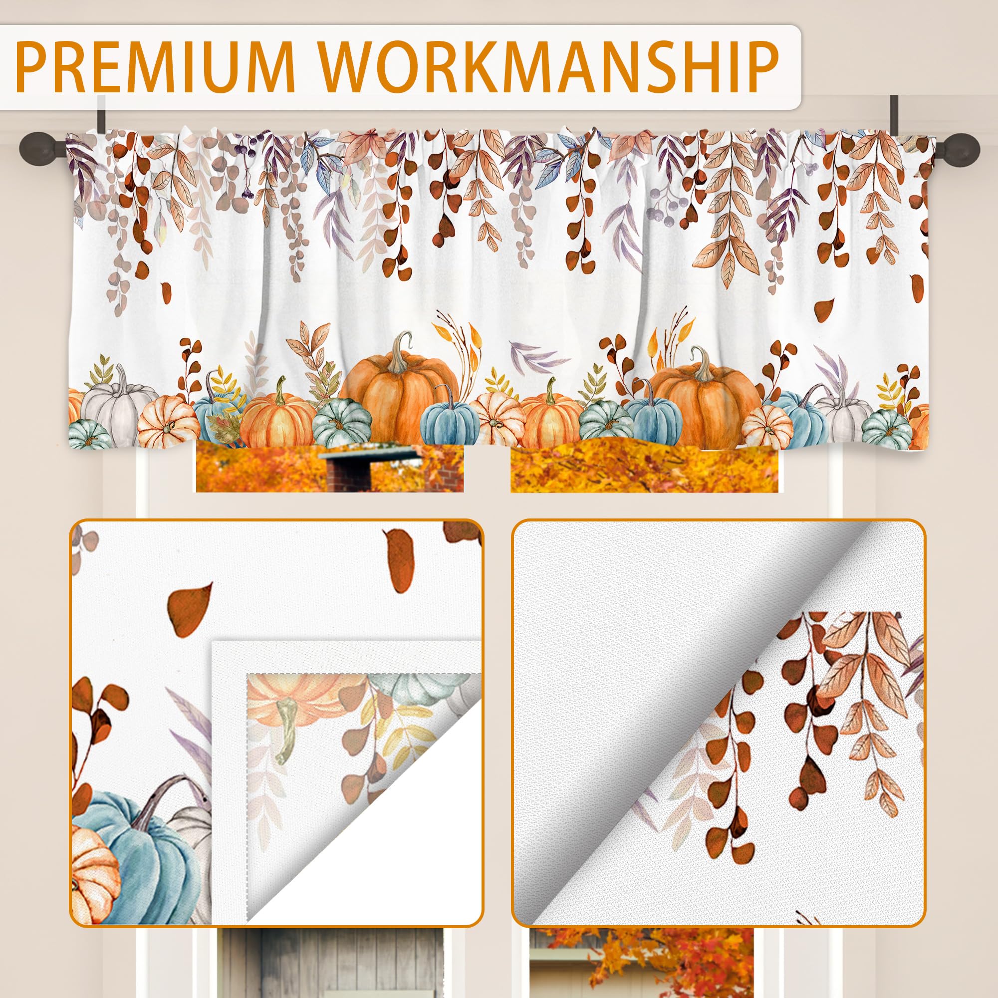 Orange Maple Leaf Pumpkin Curtain Valance - 54x18 Inch Fall Kitchen Decor with Rod Pocket for Small Windows | Thanksgiving Home Decor for Living Room & Bedroom | Seasonal Autumn Window Treatment for Cozy Home Atmosphere