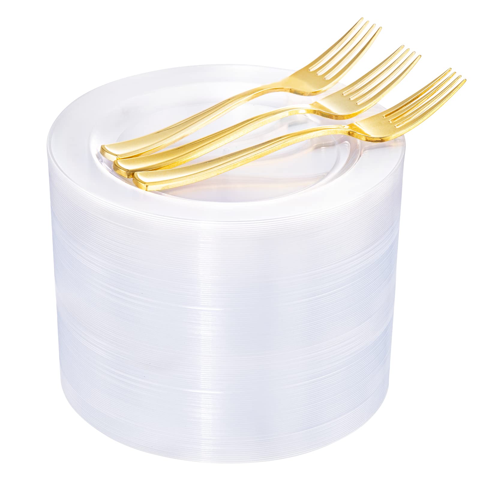 BUCLA 100-Pack 7.5 Inch Clear Disposable Plastic Plates with 100 Gold Plastic Forks - Premium Hard Plastic Appetizer Plates for Weddings, Parties, Catering - Perfect for Salad, Dessert, Cocktail Receptions & Outdoor Events