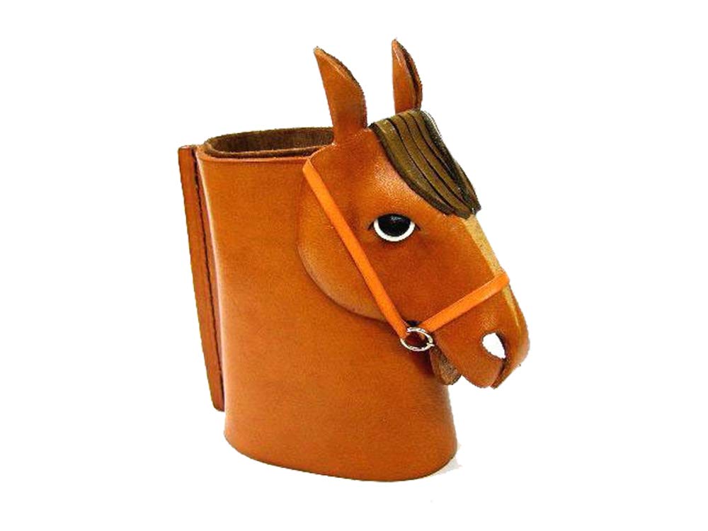 VANCA Handmade Japanese Genuine Leather Horse Head Eyeglasses Holder & Stand - Brown - Perfect for Office, Home, and Gift Giving