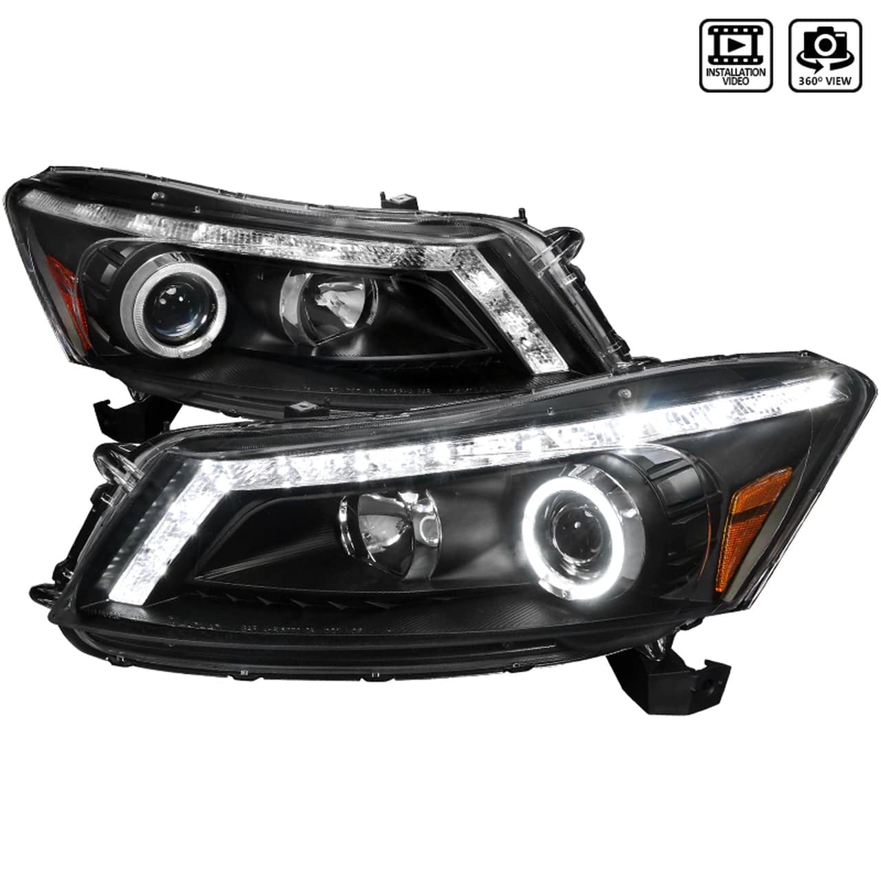 2008-2012 Honda Accord Sedan LED Projector Headlights with Halo Ring, LED Light Strip & Turn Signal - Matte Black Housing & Clear Lens - Upgrade for Night Driving & Style Enhancement