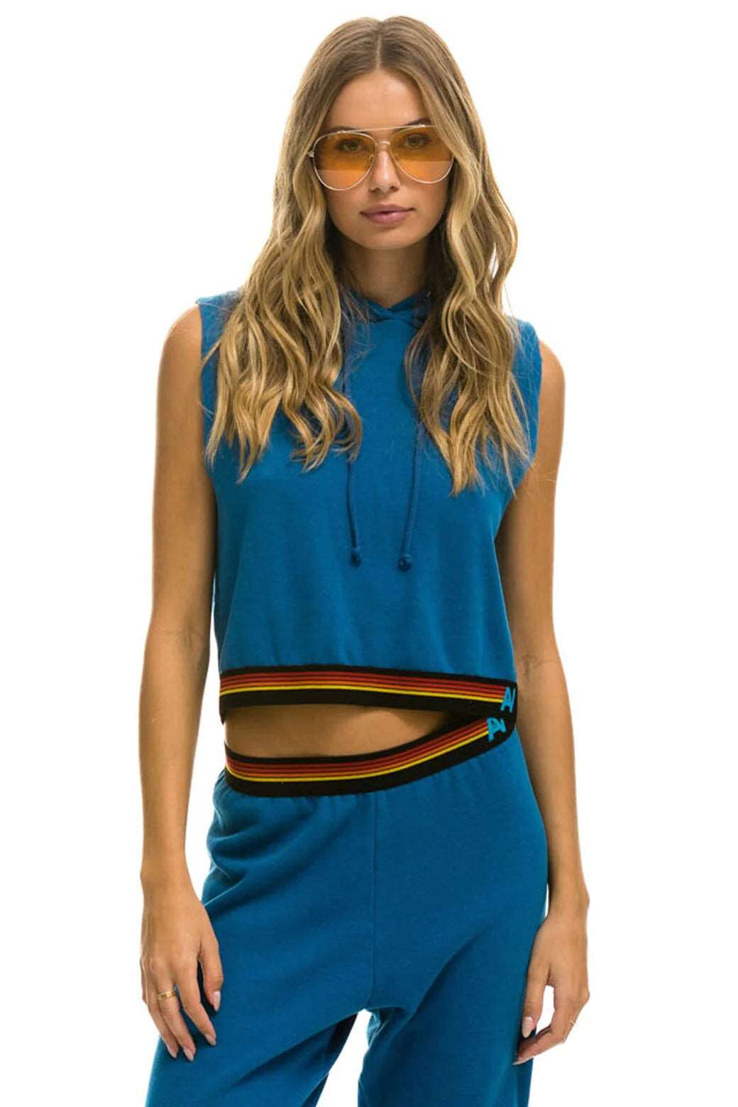 Aviator Nation Women's Logo Stripe Sleeveless Crop Pullover Hoodie - Caribbean Blue | Trendy Summer Fashion for Casual Outings & Beach Wear