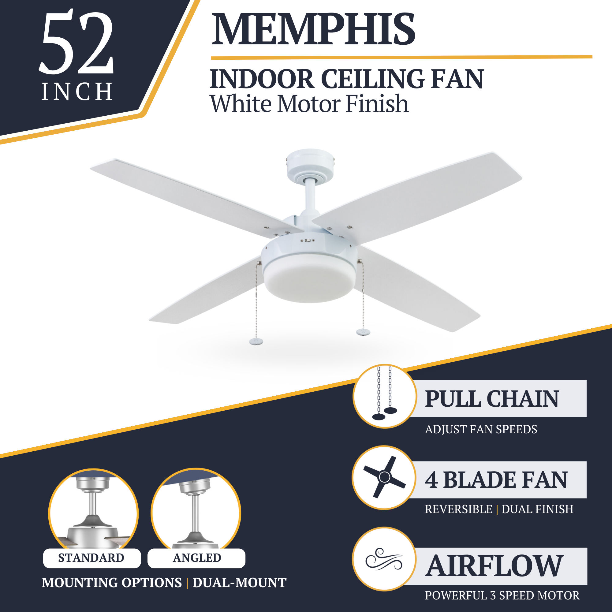 52 Inch Memphis White Ceiling Fan with Pull Chain - Perfect for Living Room, Bedroom, and Outdoor Spaces