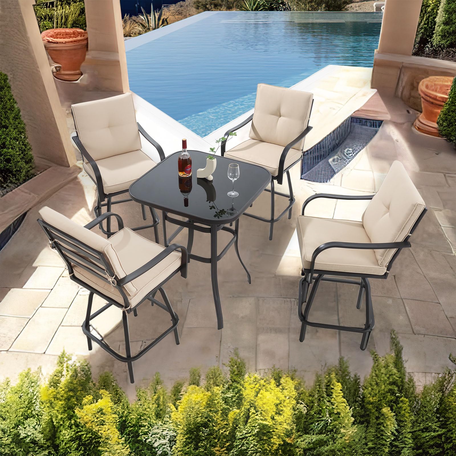 2-Pack Swivel Bar Stools for Outdoor Patio - Adjustable Height Bar Chairs with Cushions for Garden, Balcony, Backyard (Beige) - Perfect for Poolside Lounging, Outdoor Dining & Entertaining
