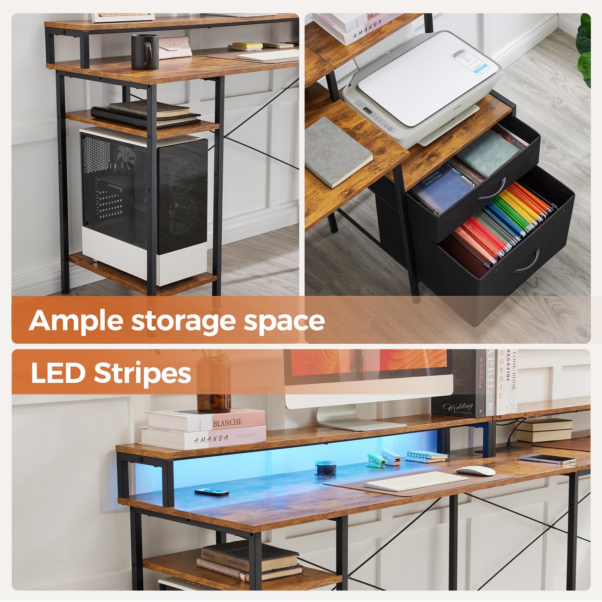 L Shaped Desk 66 Inch - Corner Computer Desk with File Drawer, LED Gaming Table, Workstation with Monitor Shelf & Printer Storage, Two Person Office Desk in Rustic Brown - Perfect for Home Office, Gaming Setup & Small Workspaces