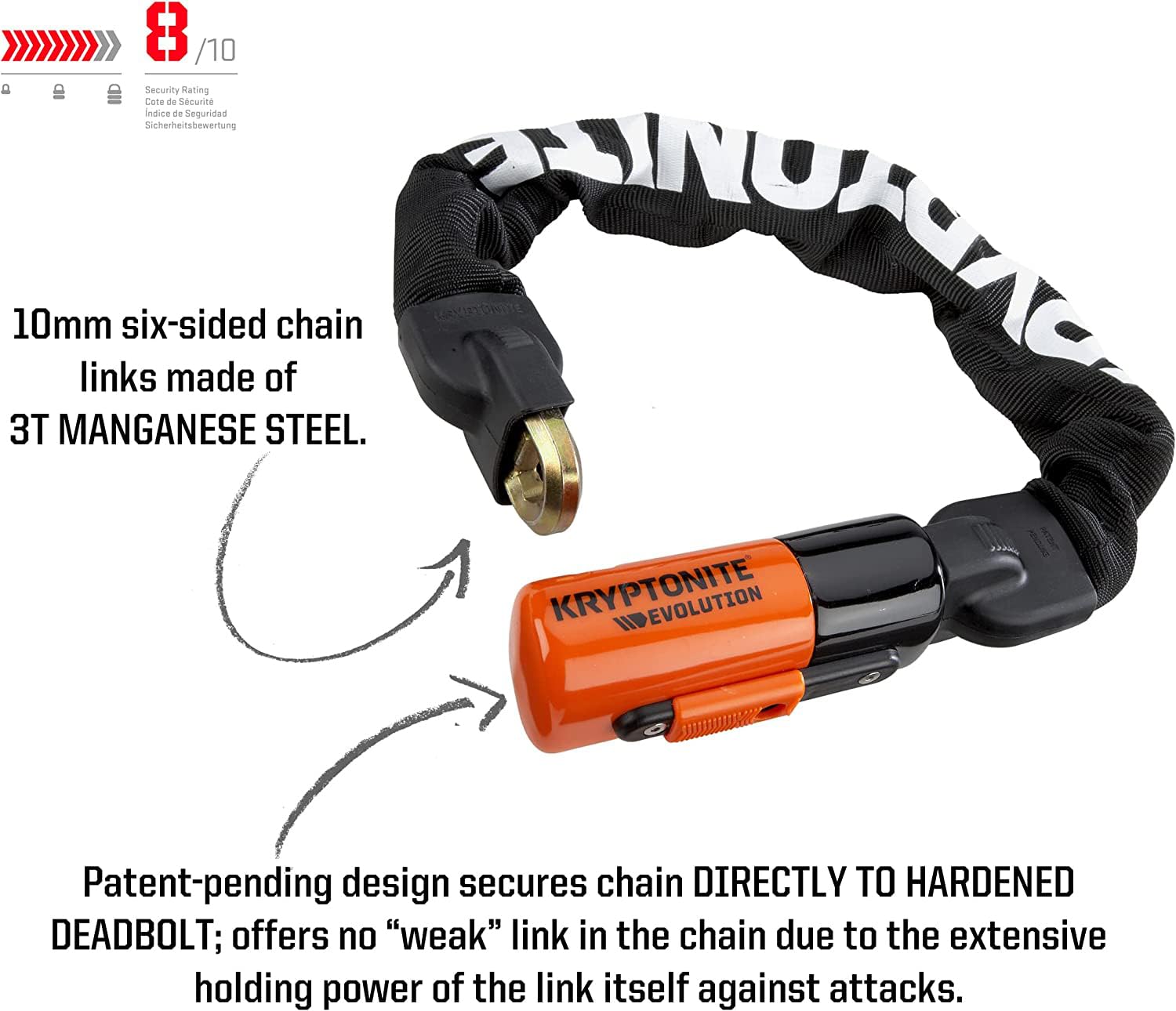 Kryptonite Evolution 1055 Mini Bike Chain Lock - 1.8 Feet 10mm Heavy Duty Steel Anti-Theft Bicycle Lock (Sold Secure Gold Rated) - Secure Keys Included for E-Bikes, Motorcycles, Scooters & Bicycles - Perfect for Urban Commuting, Bike Parking & Outdoor Storage
