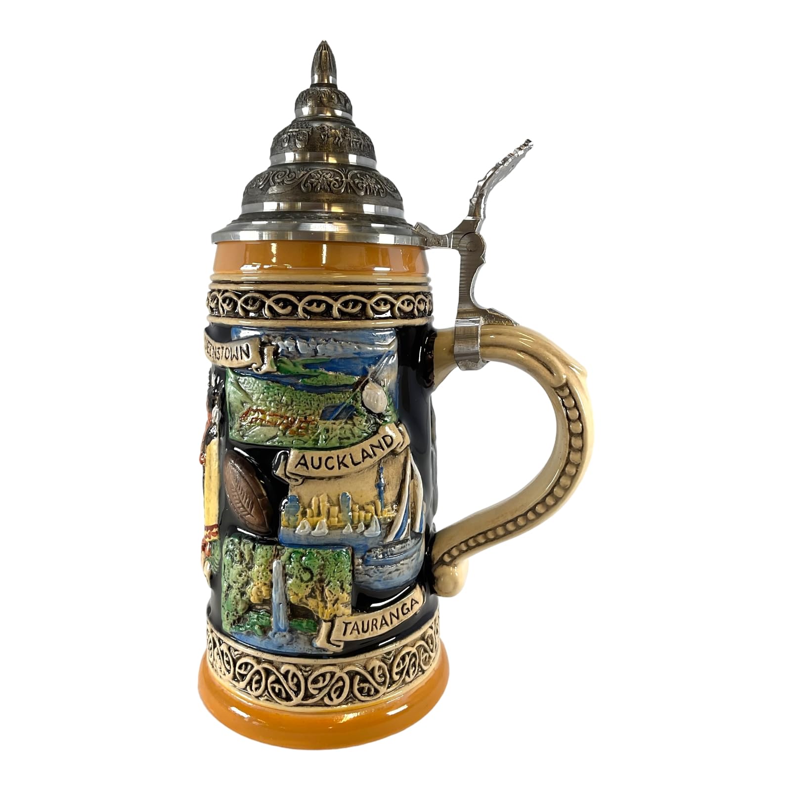 Authentic New Zealand Coat of Arms & Landmarks 0.5L German Beer Stein - Perfect for Oktoberfest, Home Bar Decor & Gift for Beer Lovers