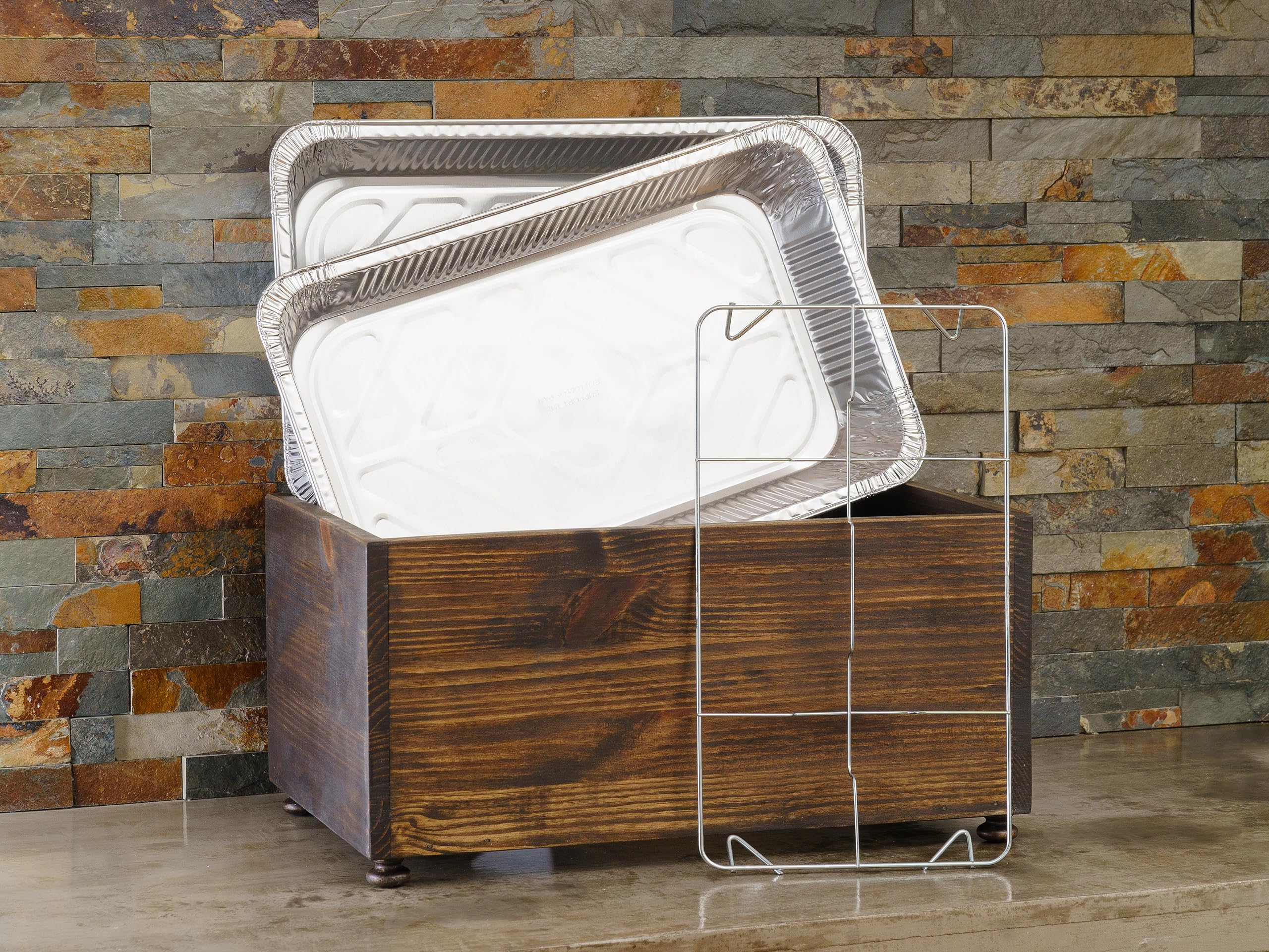 Full Size Wooden Chafing Dish Stand with Disposable Foil Pan Holder - Buffet Serving Rack for Catering, Farmhouse Events & Steam Table Pans - Includes Sterno Fuel Can Storage | Perfect for Weddings, Banquets & Outdoor Parties