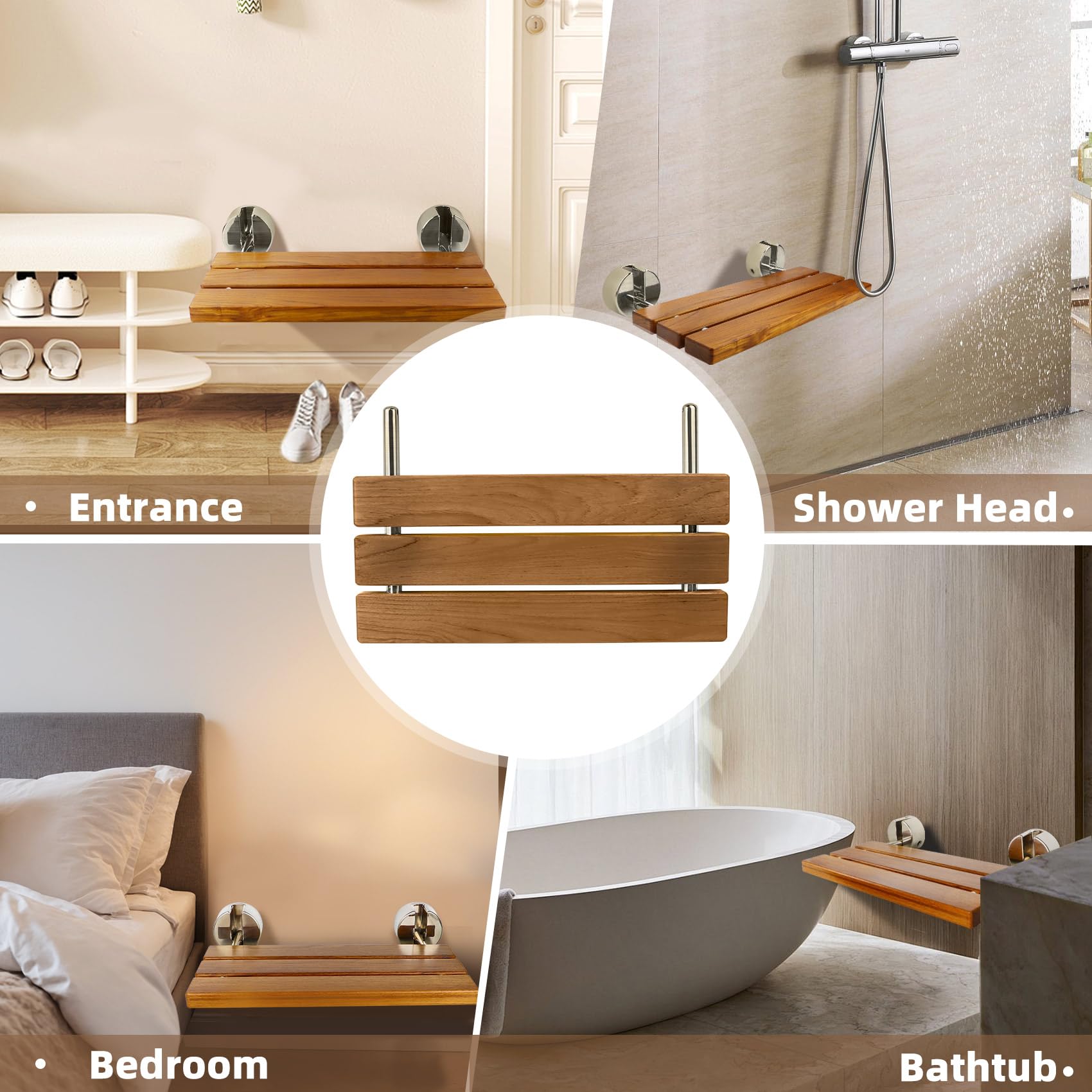 20 Inch Brushed Nickel Folding Teak Shower Seat - Wall Mounted Fold Down Shower Bench for Elderly & Disabled - Waterproof Bathroom Shower Chair for Home Care & Spa Use
