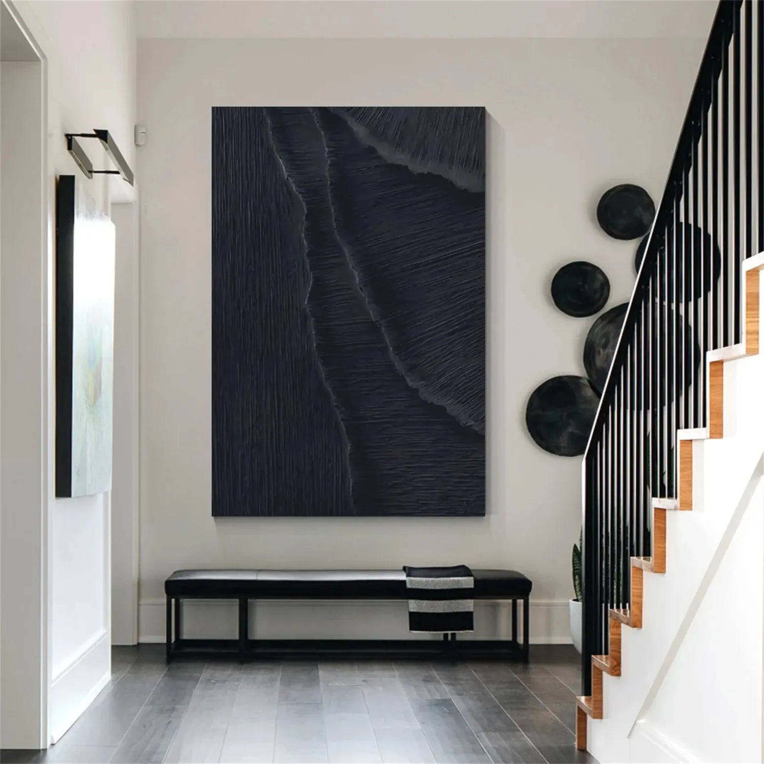 Black Plaster Art Minimalist Textured Painting - Modern Abstract Wall Decor for Living Room, Bedroom & Office - #MZ099