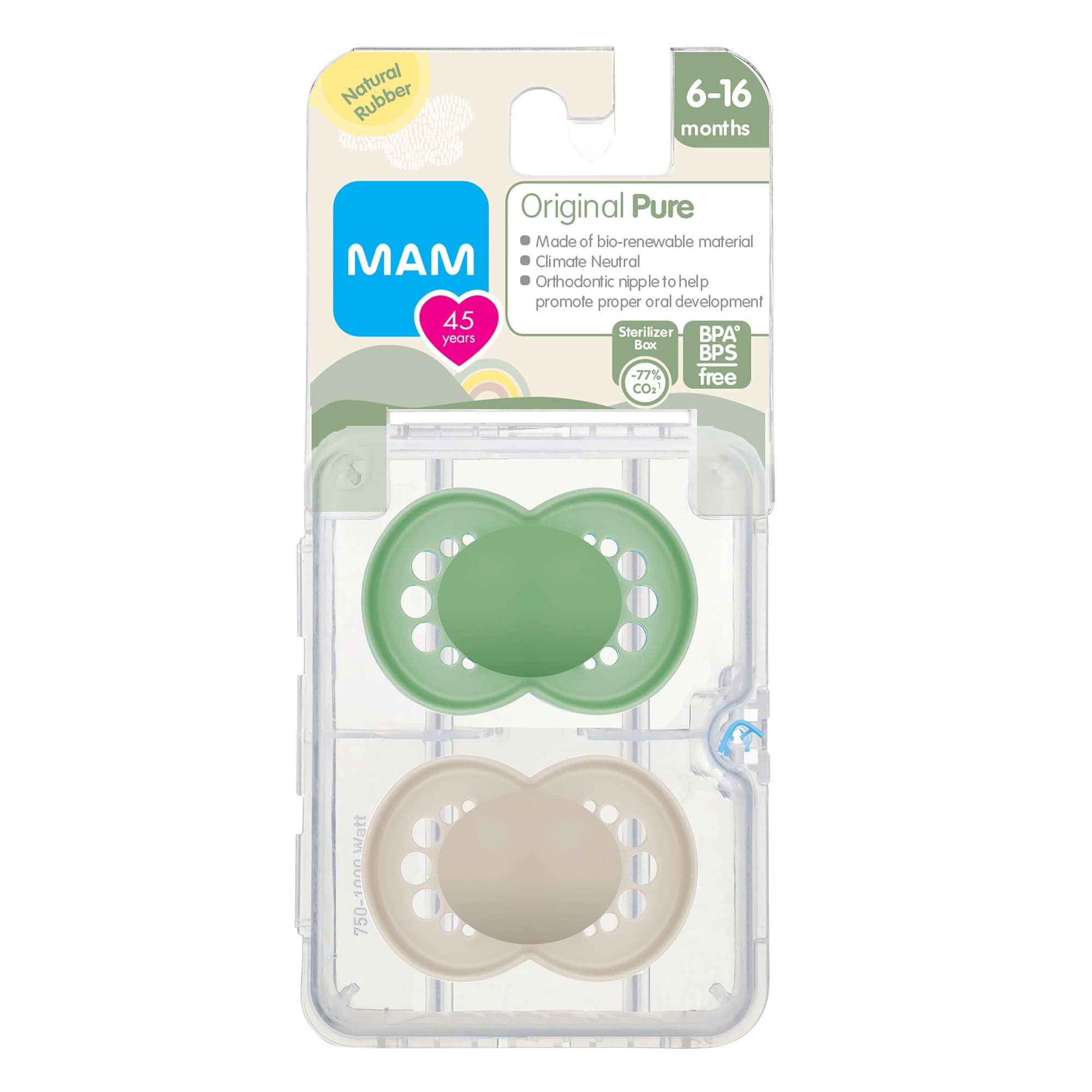 **MAM Original Latex Pacifiers for Babies 6-16 Months – Natural Rubber Nipple, Eco-Friendly Bio-Circular Materials, Easy to Clean with Sterilizer Case – 2-Pack Soothers for Day & Night Comfort**