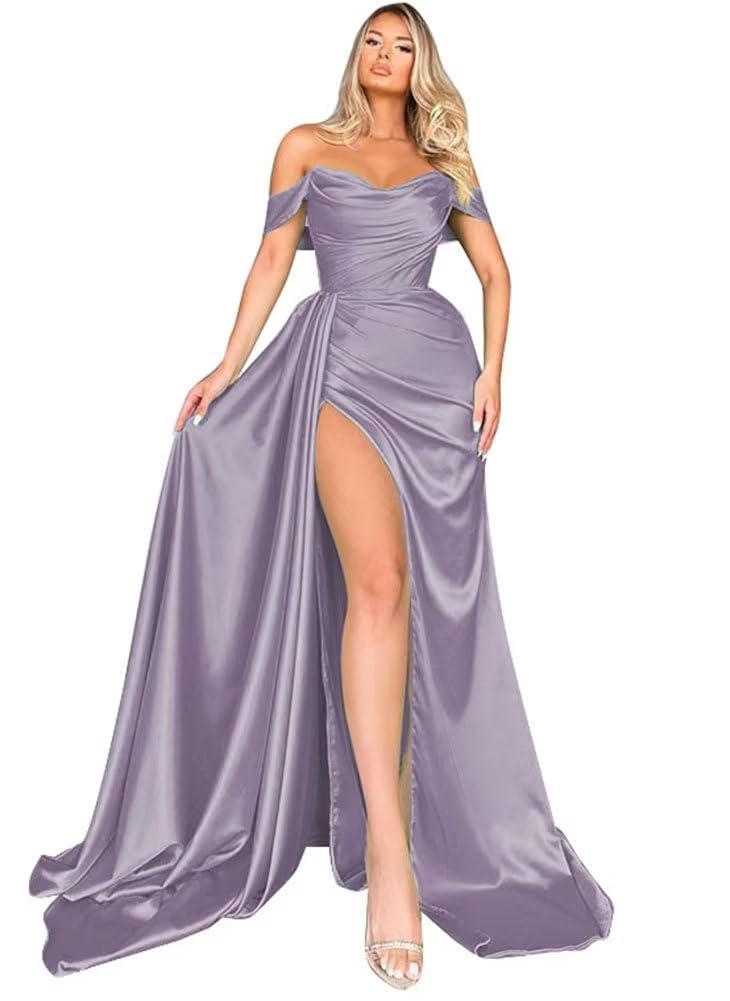 Elegant Off Shoulder Satin Bridesmaid Dresses for Wedding, Prom & Formal Events - Ruched Design with High Slit - Perfect for Bridal Party, Evening Gala & Special Occasions
