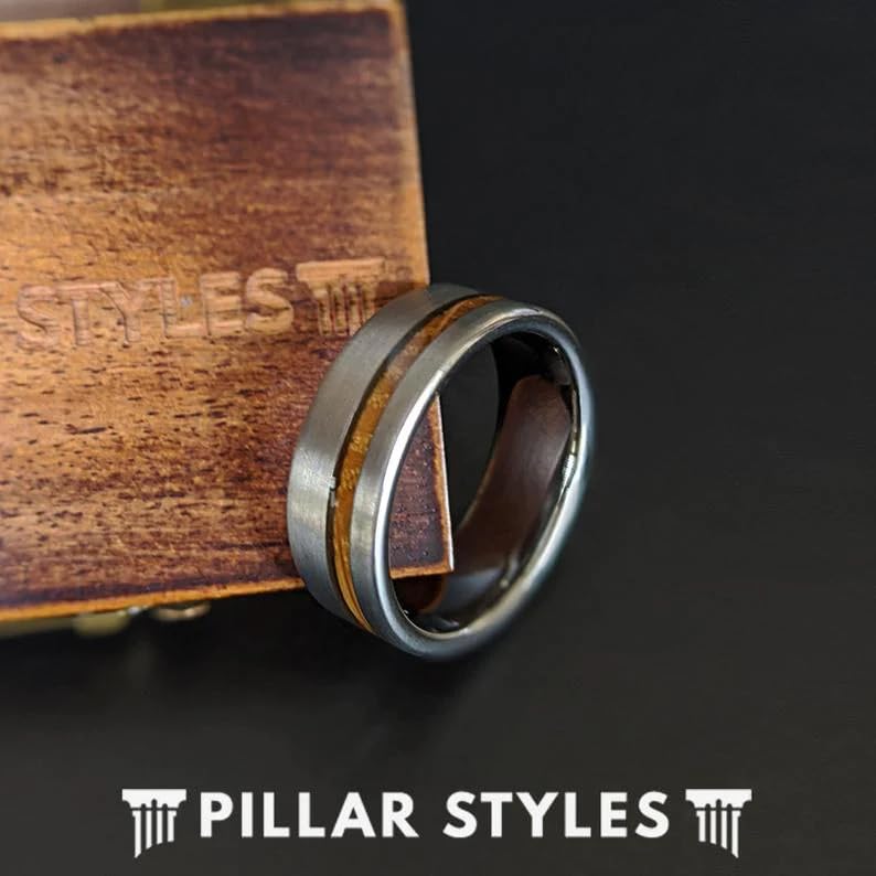 8mm Silver Tungsten Wedding Band for Men - Whiskey Barrel Ring with Bourbon Wood Inlay - Rustic Boho Style Anniversary Gift - Perfect for Weddings, Engagements & Special Occasions