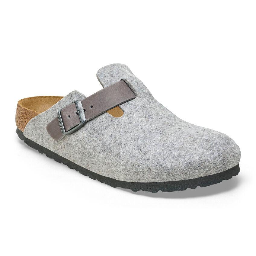 Birkenstock Boston Clogs for Women & Men - Light Grey Natural Leather & Felt Comfortable Slip-On Shoes | Perfect for Home, Office & Casual Wear