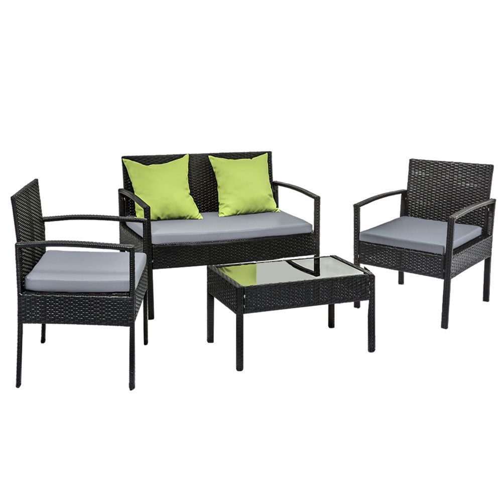4-Seater Outdoor Wicker Sofa Set with Table and Cushions - Patio Garden Furniture for Lounge, Bistro & Backyard Relaxation - Black Rattan Furniture