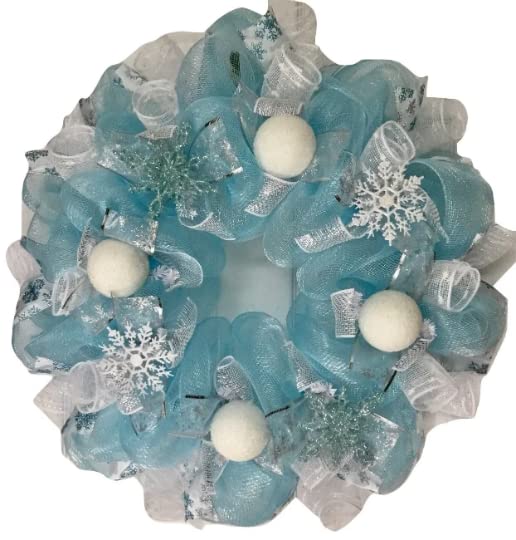 Handmade Frozen Winter Deco Mesh Wreath with Snowballs - Christmas Door Decor, Holiday Home Decoration, Seasonal Front Porch Decor for Winter & Xmas