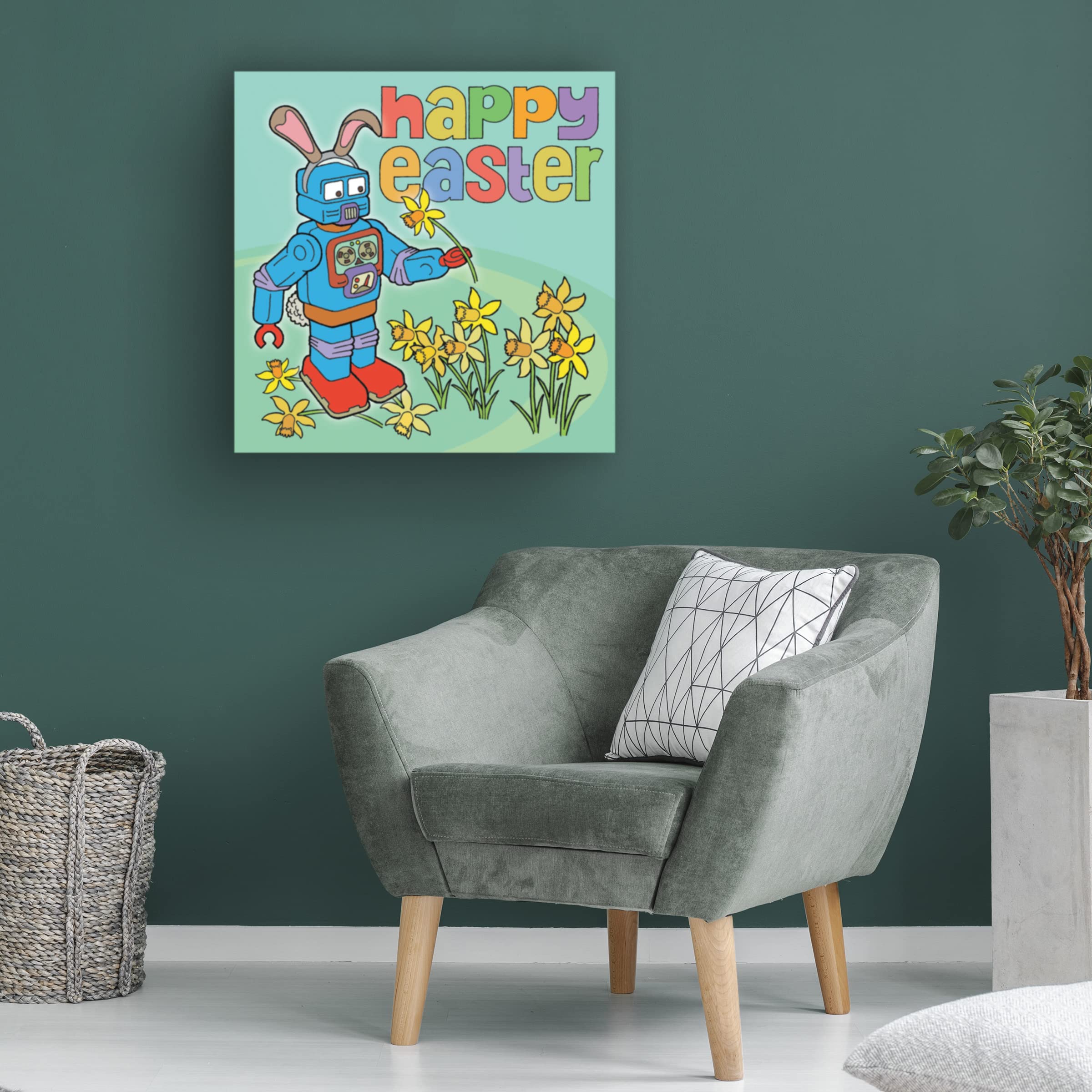 Trademark Fine Art 'Easter Bunny Bot' Canvas Print by Duncan Wilson - Whimsical Robot Easter Decor for Living Room, Nursery & Holiday Home Decor