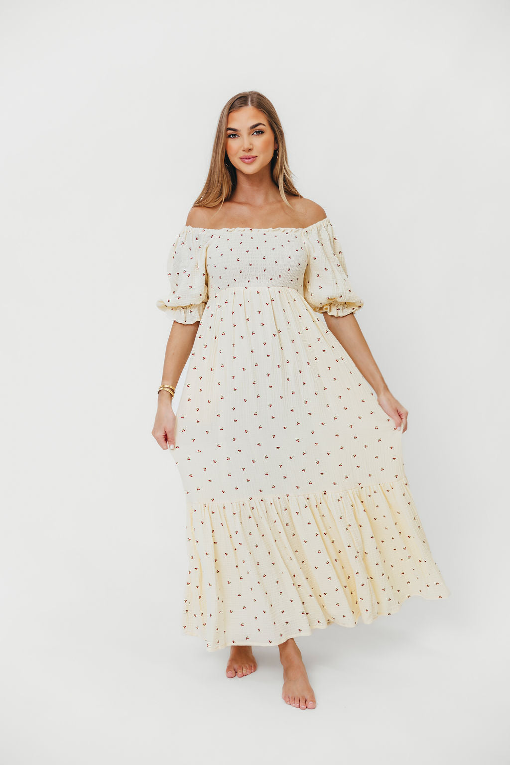 Livvy 100% Cotton Maxi Dress with Cherry Print - Flowy Summer Dress for Women, Beach Cover Up, Vacation Outfit, Casual Boho Chic Style