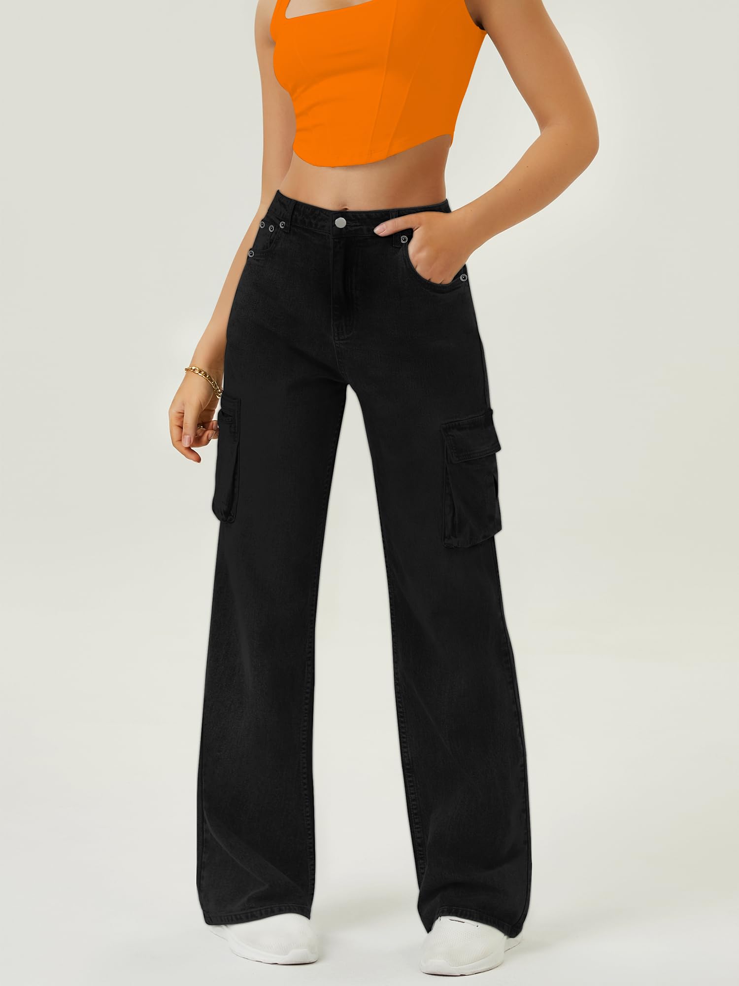 Women's High Waisted Cargo Jeans - 6 Pocket Straight Wide Leg Baggy Pants for Casual Wear | Street Style, Work & Everyday Comfort