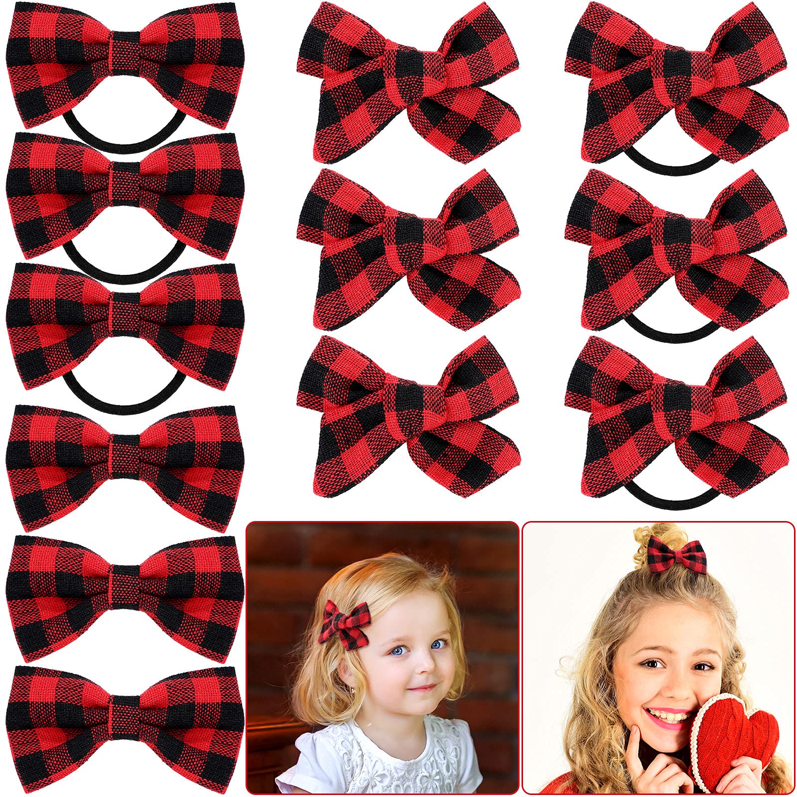 12-Piece Christmas Hair Bows & Hair Ties Set for Girls - Buffalo Plaid Hair Clips with Red Rubber Bands - Festive Holiday Hair Accessories for Women & Kids - Perfect for Christmas Parties, School Events & Family Gatherings