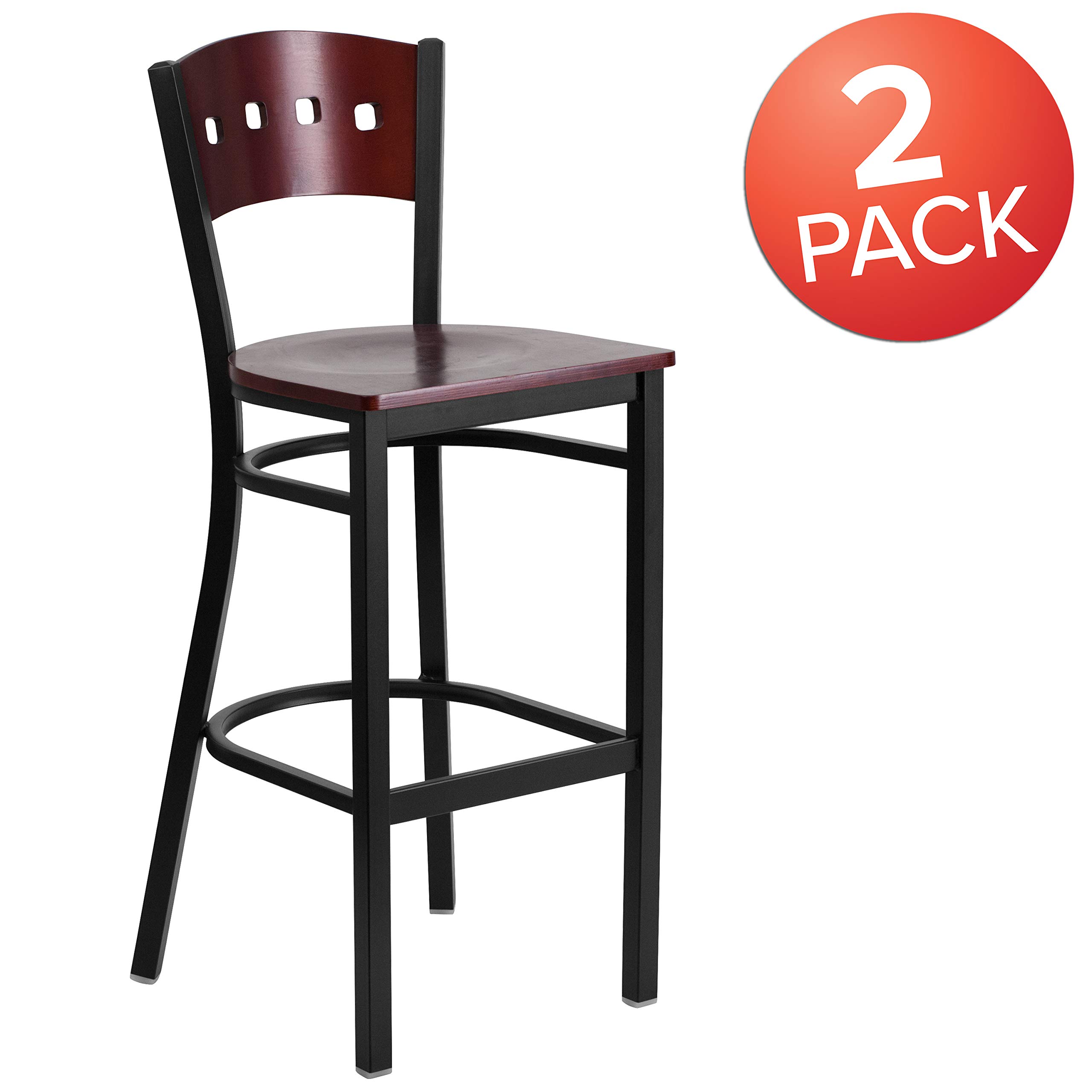 Flash Furniture 2-Pack HERCULES Series Black Metal Bar Stools with Mahogany Wood Seat & Back - 24