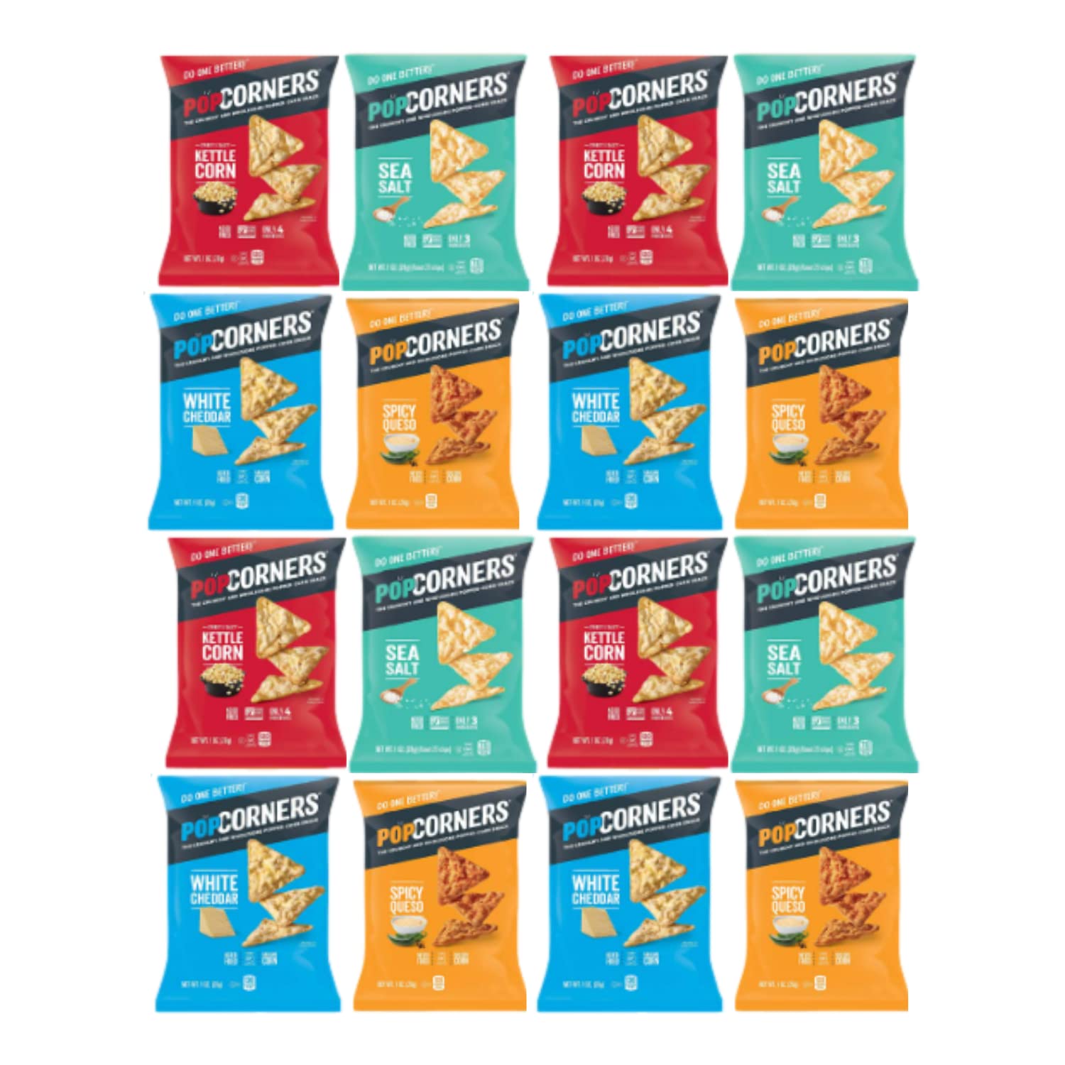 Gluten Free Popped Corn Snacks Variety Pack - Kettle Corn, Spicy Queso, Sea Salt & White Cheddar (7 Count, 1 oz Bags) | Healthy On-The-Go Snack for Office, School & Movie Nights
