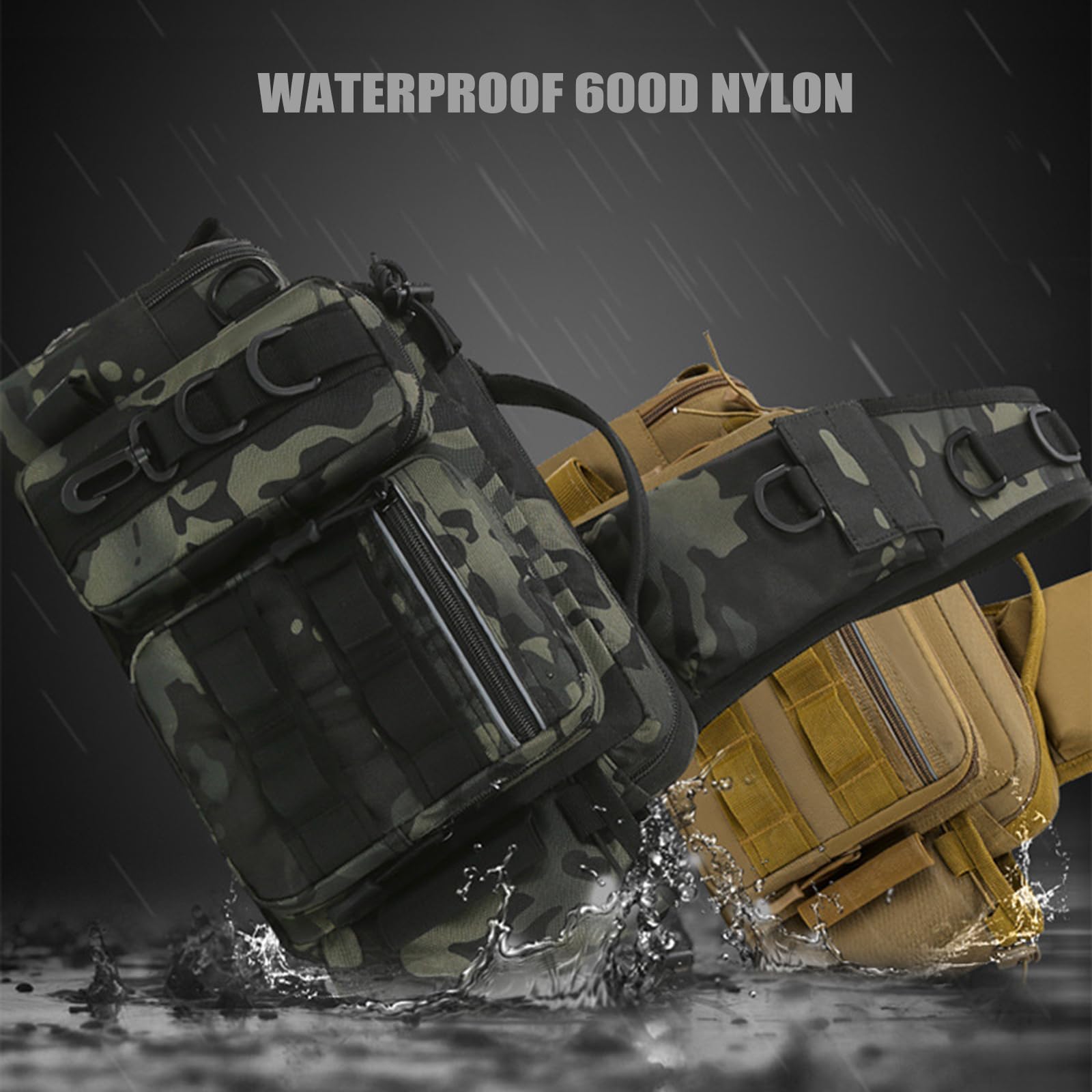Waterproof Nylon Fishing Backpack with Rod Holder - Fly Fishing Gear Storage Bag for Men, Outdoor Fishing Tackle Organizer, Sling Shoulder Pack for Hiking & Camping (Black Camo)