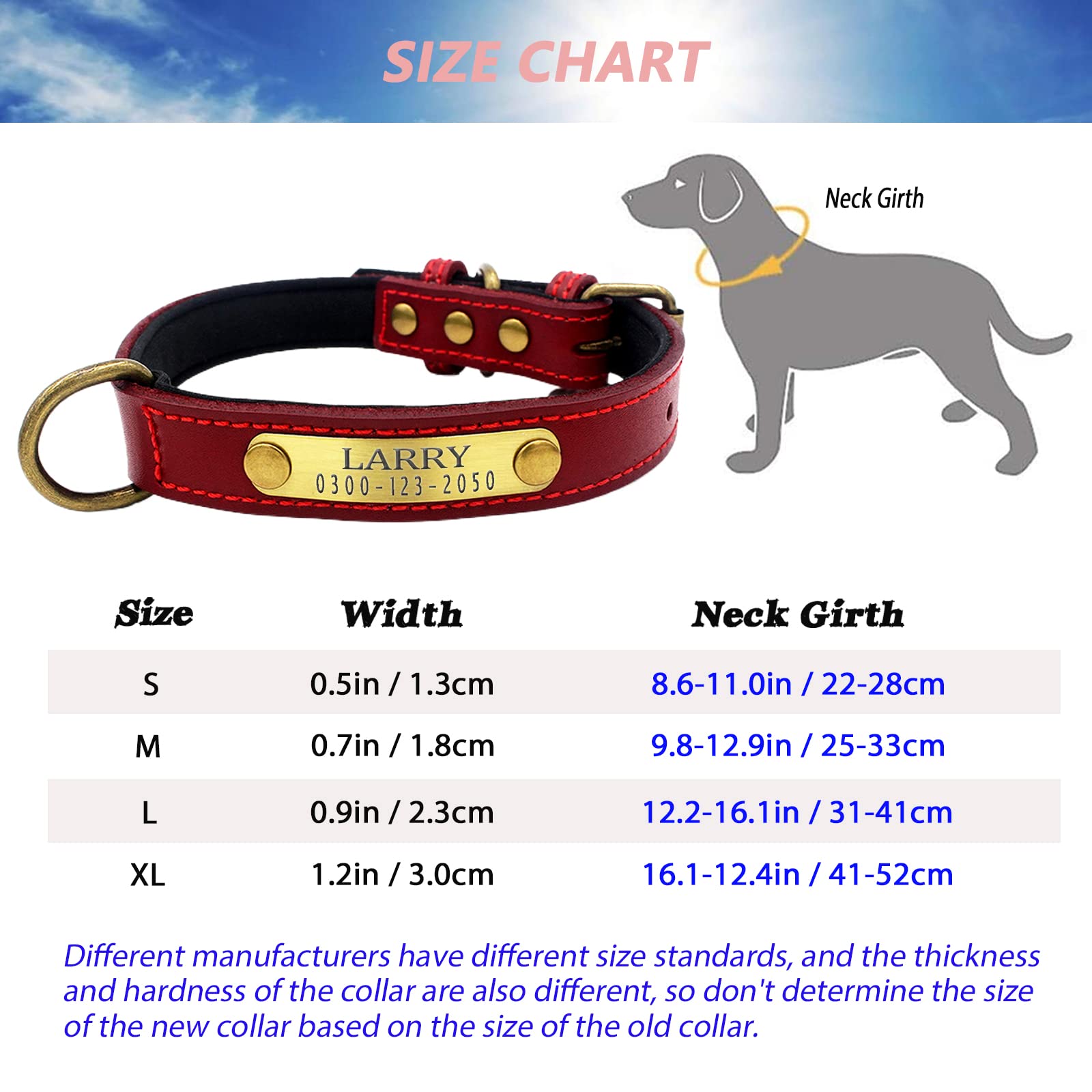 Custom Personalized Leather Dog Collar with Soft Padded Name Plate - Adjustable Heavy Duty Thick Red Pet Collar for Small Medium Large Dogs - Perfect for Daily Walks, Training & Gifts