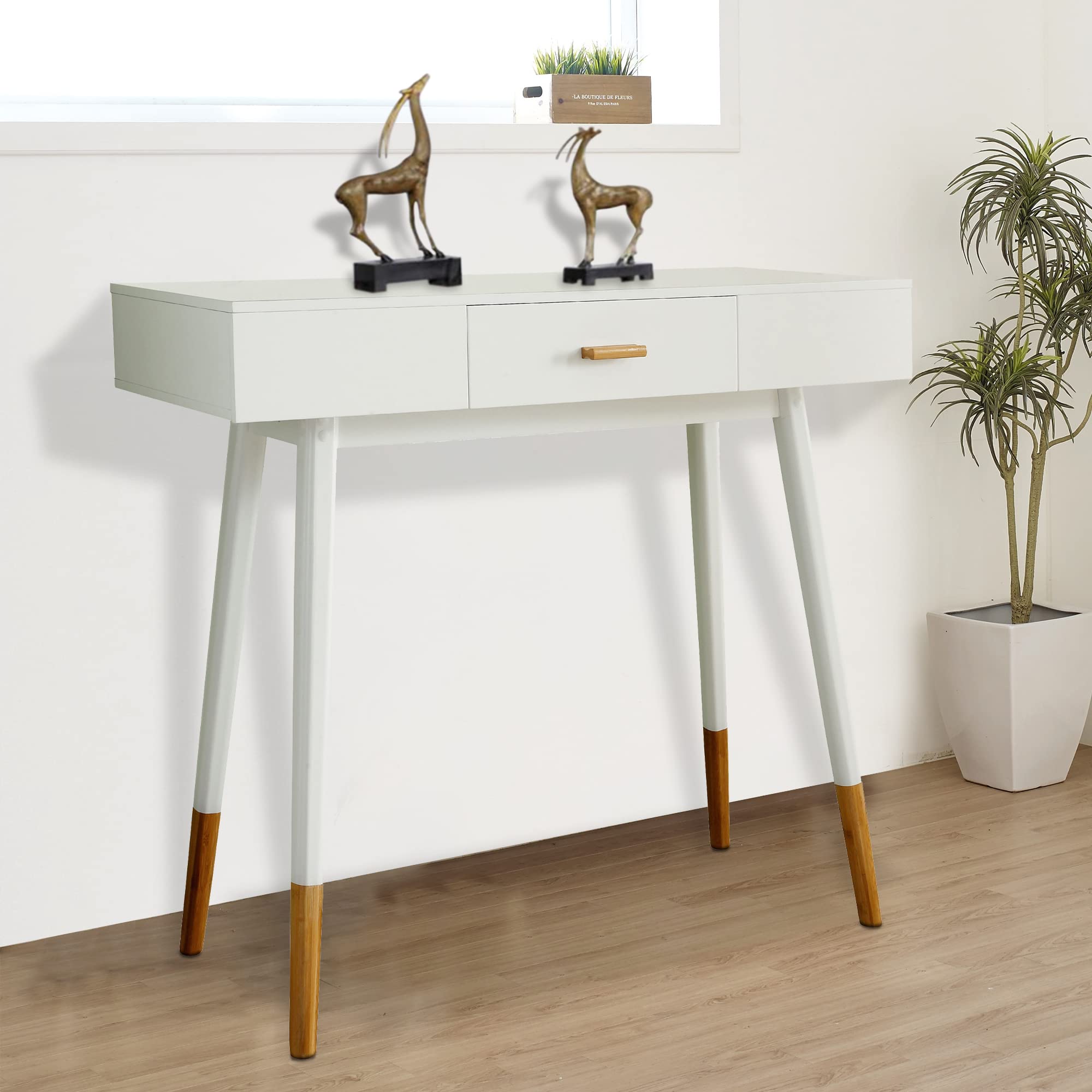 White & Dark Oak Euro Console Sofa Table with Drawer & Bamboo Legs - Entryway, Living Room Furniture for Hallway, Foyer & Home Decor