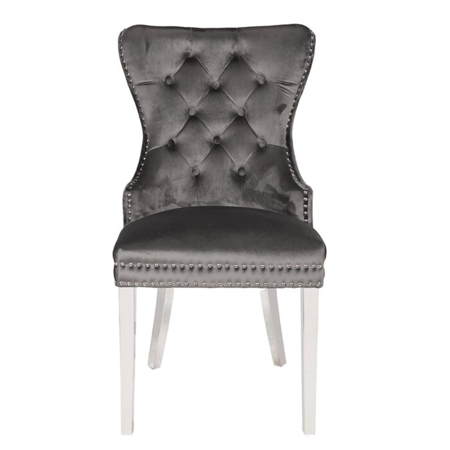 Velvet Upholstered Dining Chairs Set of 2 - Modern Button Tufted Accent Chairs with Metal Legs, Ring Pull & Nailhead Trim - Parsons Style for Living Room, Kitchen, Dining Room - Dark Gray Home Decor
