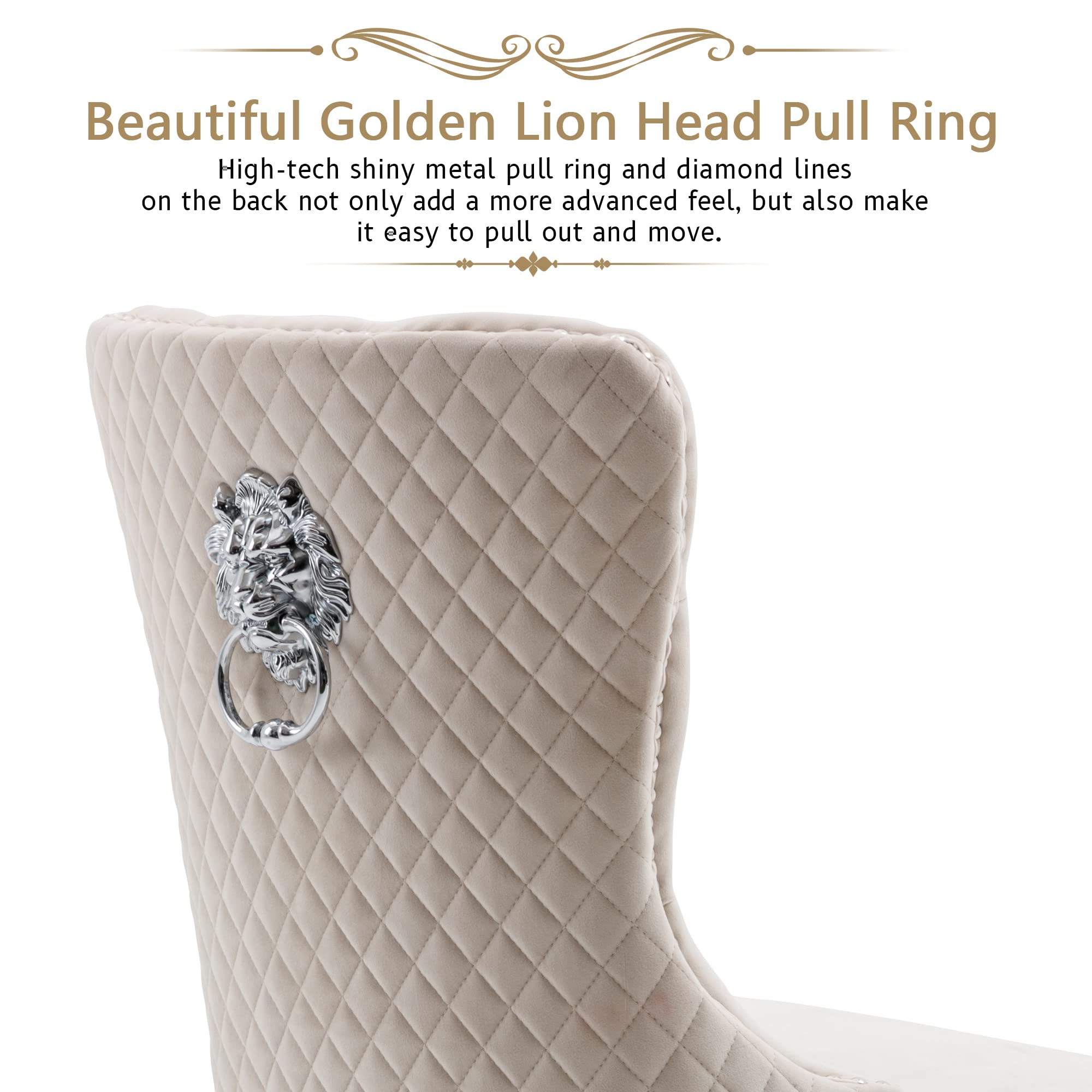 KCC Velvet Upholstered Dining Chairs Set of 2 - Modern Button Tufted Accent Chairs with Lion Head Pull Rings & Stainless Steel Legs for Living Room, Kitchen, Dining Area - Soft Beige Velvet Fabric - Perfect for Home Decor, Entertaining Guests & Cozy Meals