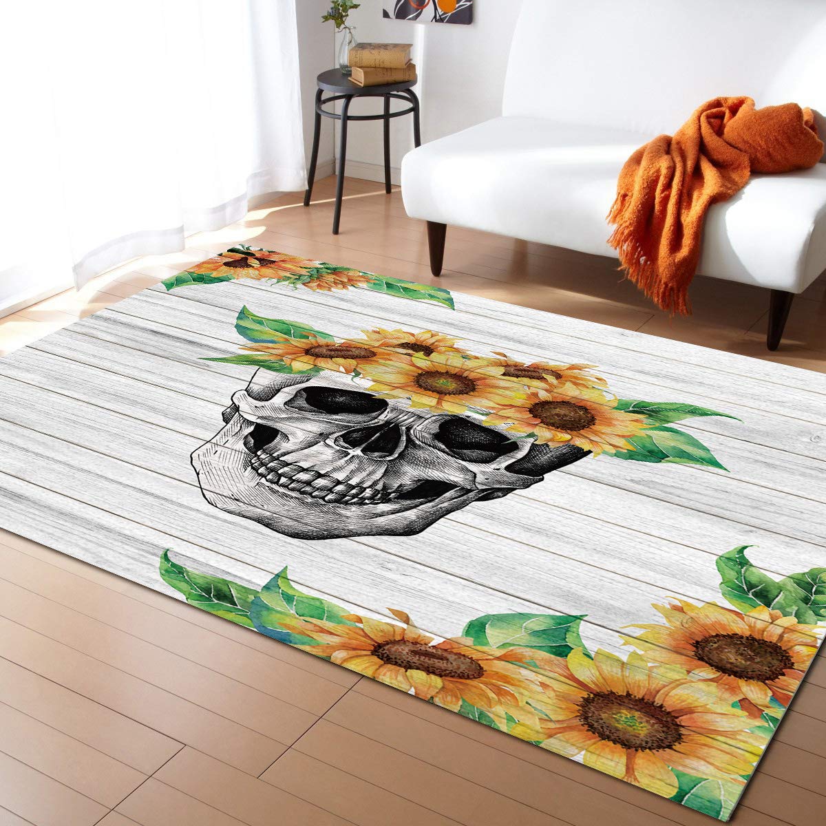 Washable Non-Slip Indoor/Outdoor Accent Rug - 2.6x5ft Sunflower Skull Design Bathroom Mat, Front Door Carpet for Bedroom & Kitchen - Perfect for High Traffic Areas, Pet-Friendly Home Decor