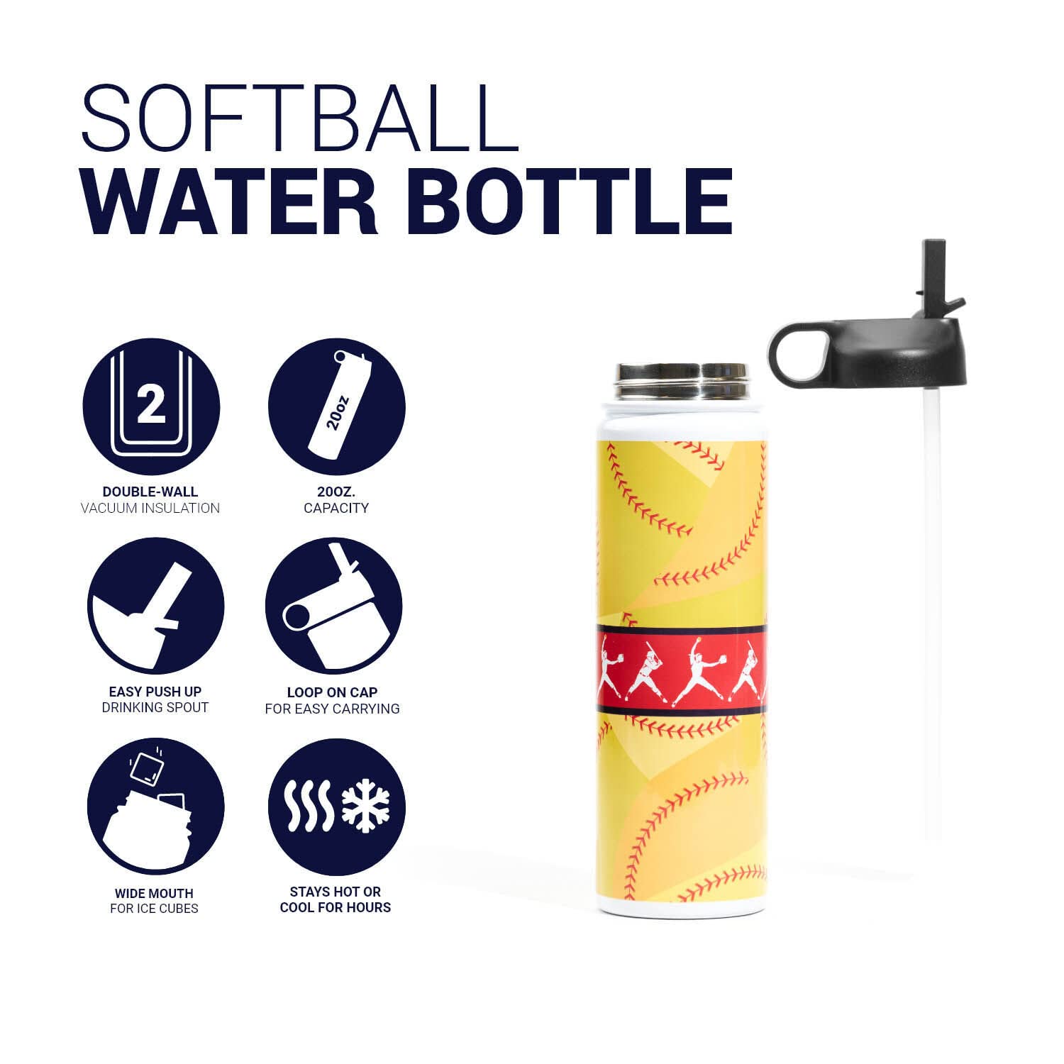 ChalkTalkSPORTS Softball Water Bottle for Players - Insulated, Leak-Proof Sports Drink Bottle with Handle - Perfect for Softball Games, Practice & Outdoor Activities