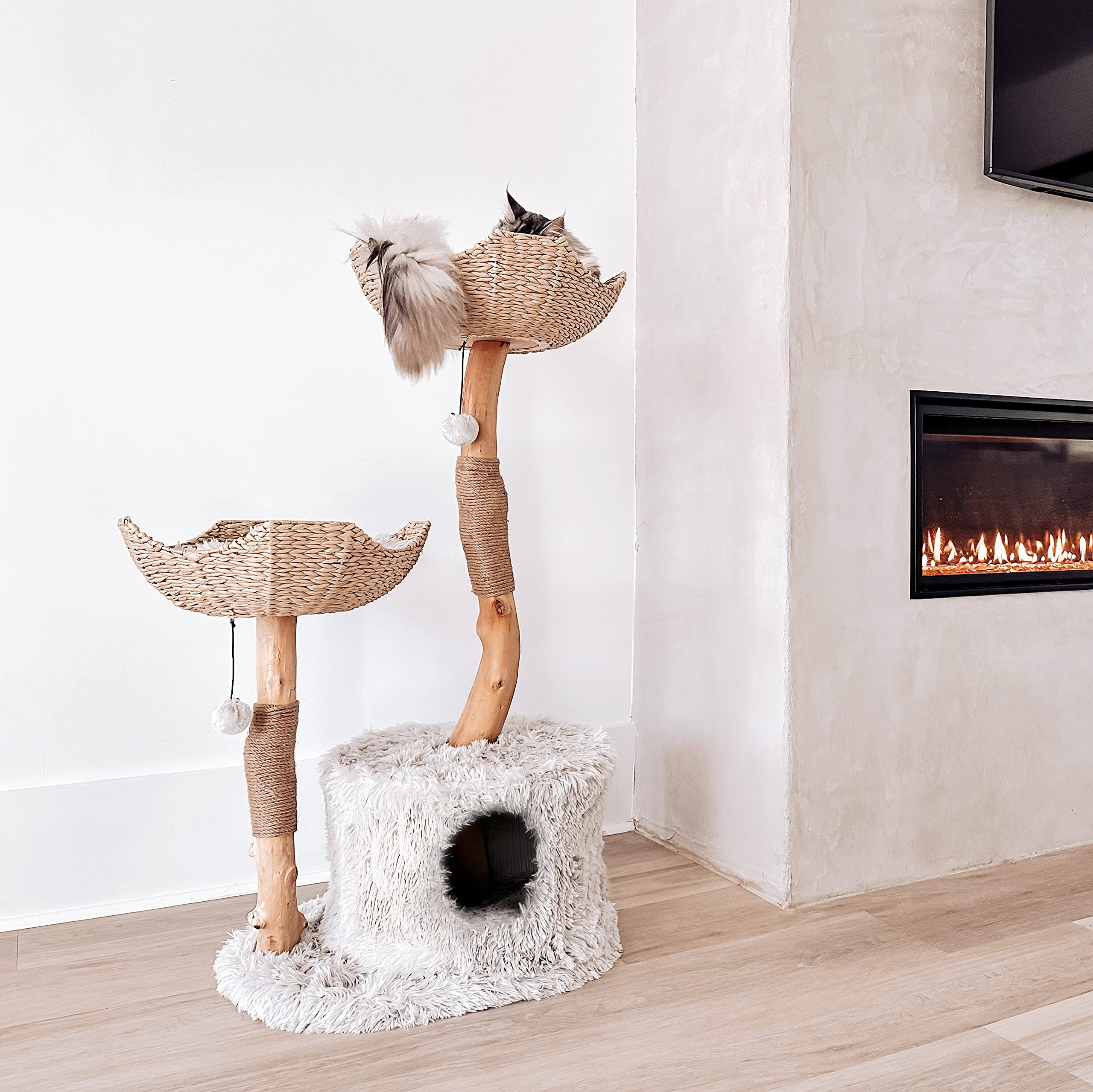 Premium MAU Modern Cat Tree Tower for Large Cats - Natural Wood Cat Condo with Real Branches, Multi-Level Scratching Post & Playhouse - Perfect Gift for Cat Lovers - Ideal for Indoor Cats in Apartments & Homes