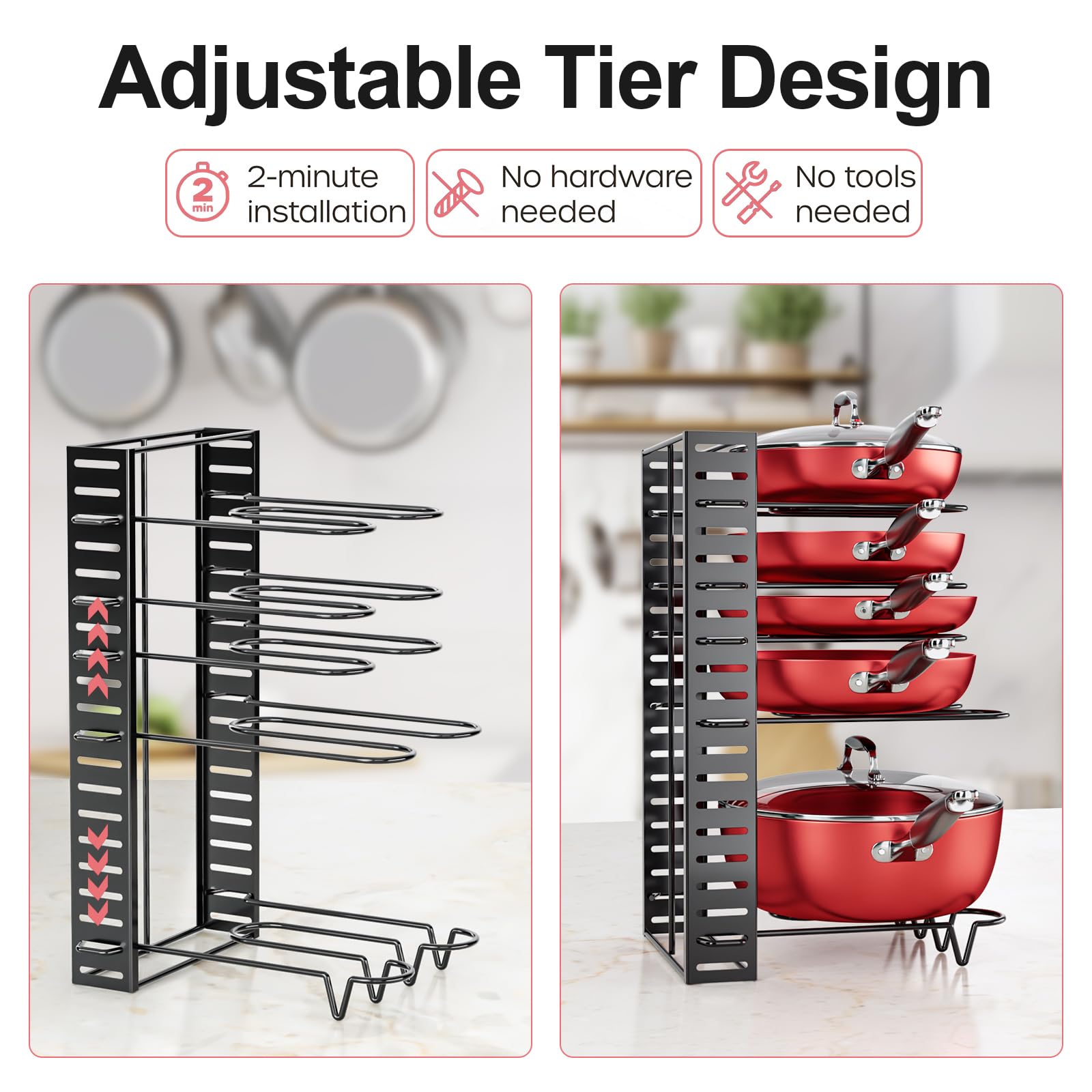 MUDEELA 8-Tier Under Cabinet Pots and Pans Organizer Rack - Adjustable Kitchen Storage Solution with 3 DIY Installation Methods - Perfect for Small Kitchens, Pantries, and Cabinet Organization