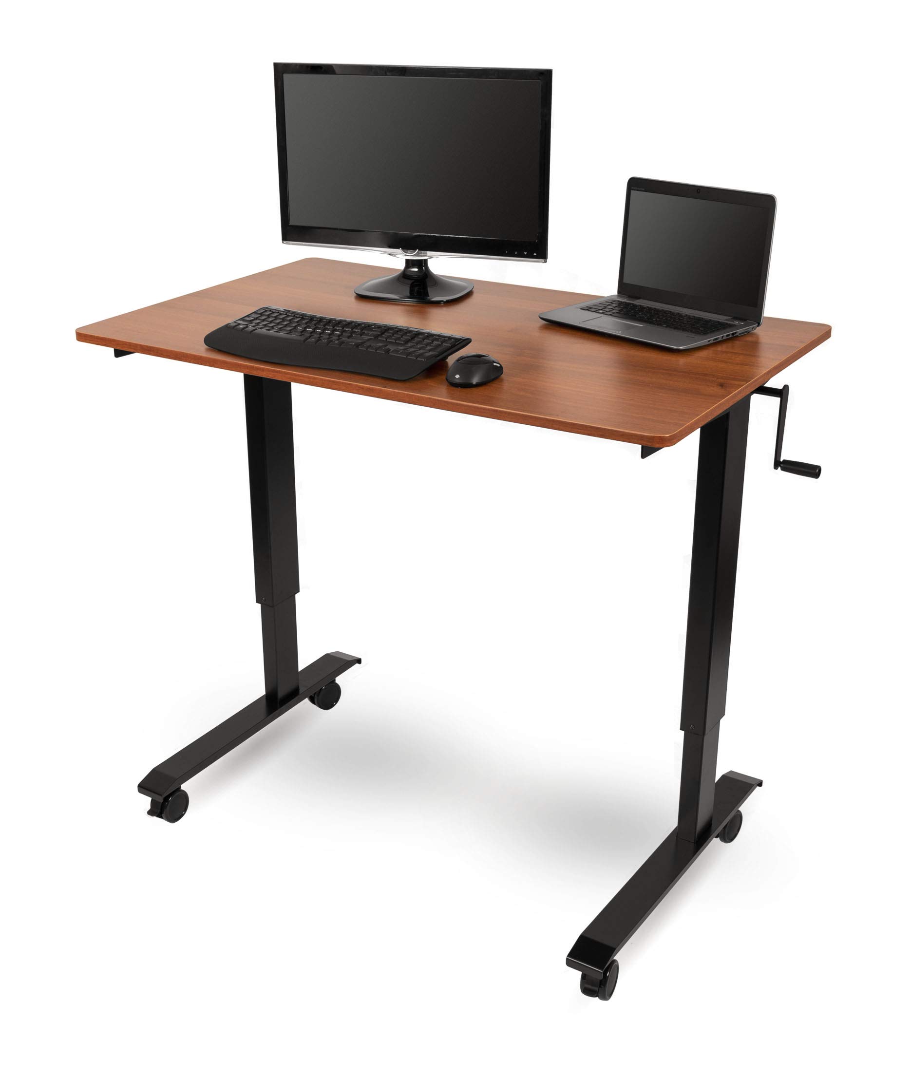 Adjustable Standing Desk with Wheels - Black Frame & Teak Top for Home Office