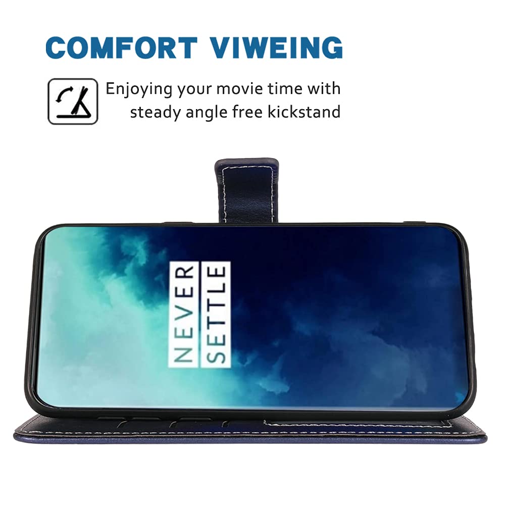 OnePlus 7T Pro Case Leather Wallet Flip Cover with Wrist Strap & Card Holder - Compatible with OnePlus 7T Pro 5G McLaren Edition (Blue) | Premium Protection & Hands-Free Convenience for Work, Travel & Daily Use