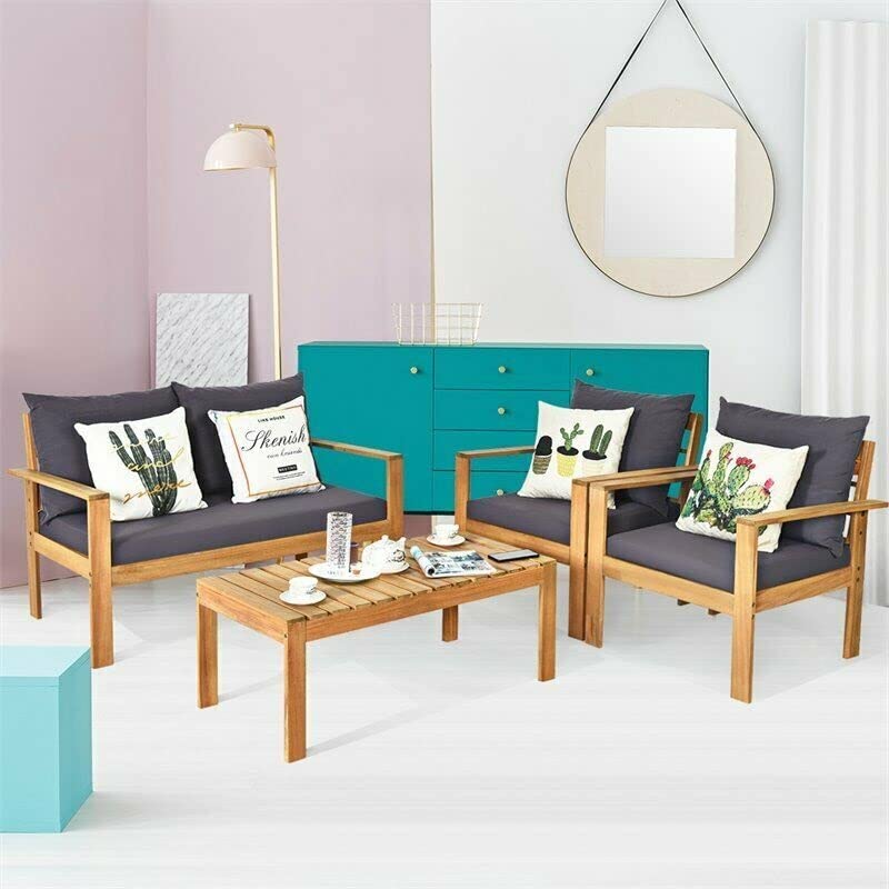 Premium 8-Piece Acacia Wood Patio Furniture Set with Thick Brown Cushions - Durable Outdoor Dining Set for Garden, Backyard, Poolside & Deck - Weather-Resistant Patio Conversation Set for Entertaining