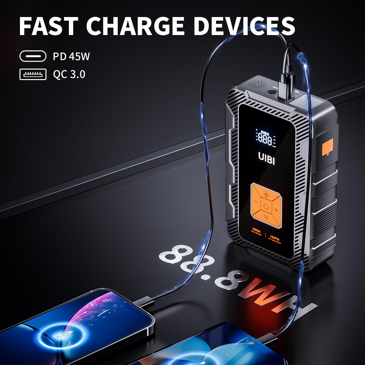 X7 3500A Portable Car Jump Starter with 160PSI Air Compressor, 24000mAh Battery & PD45W Fast Charging - 12V Jump Box Booster for 10L Gas/8.5L Diesel Engines - Emergency Roadside Assistance & Tire Inflation for Cars, Trucks, SUVs, RVs, Boats