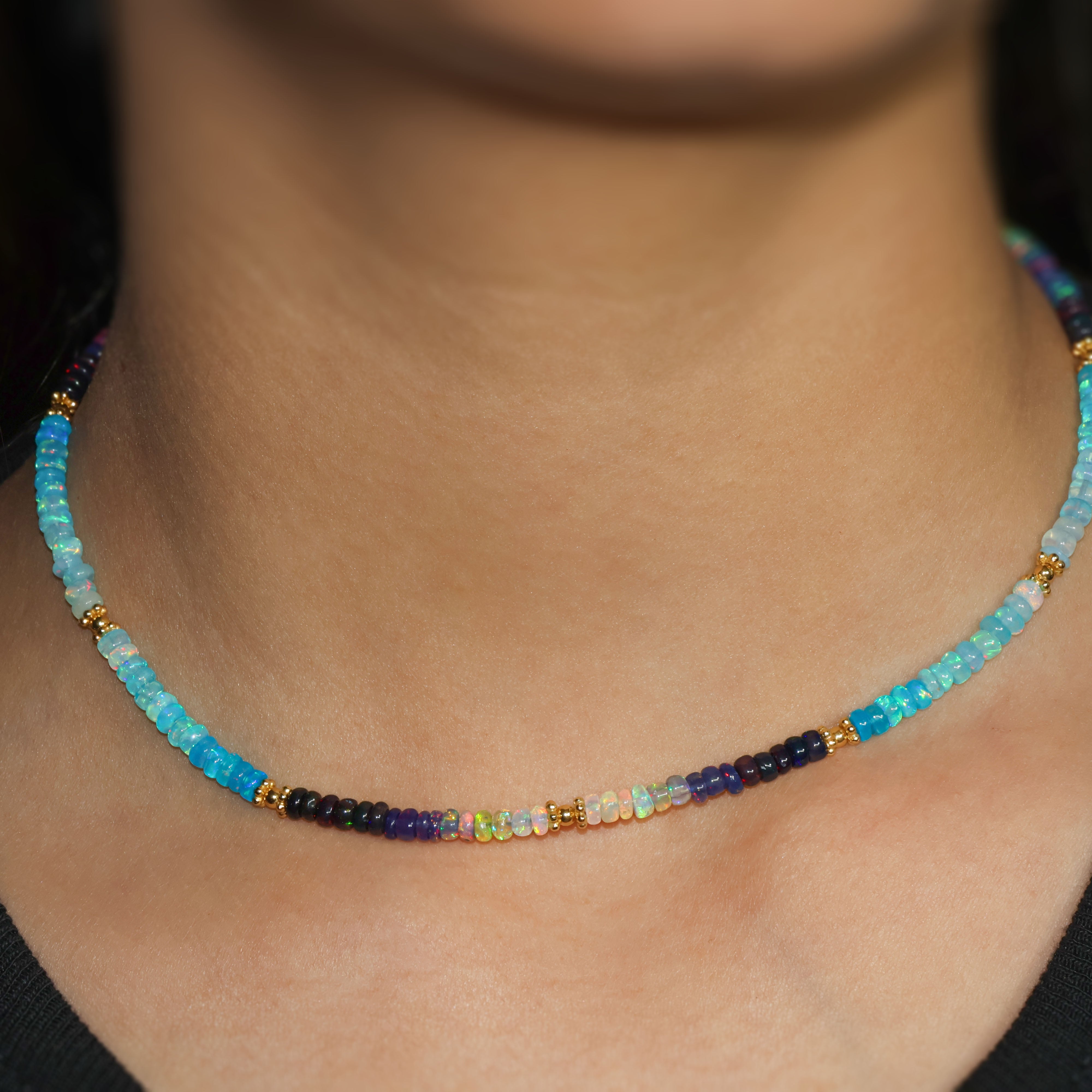 Multi Shade Separator Beaded Necklace with Natural Paraiba Opal | Boho Chic Jewelry for Women | Perfect for Layering, Gift Giving & Special Occasions