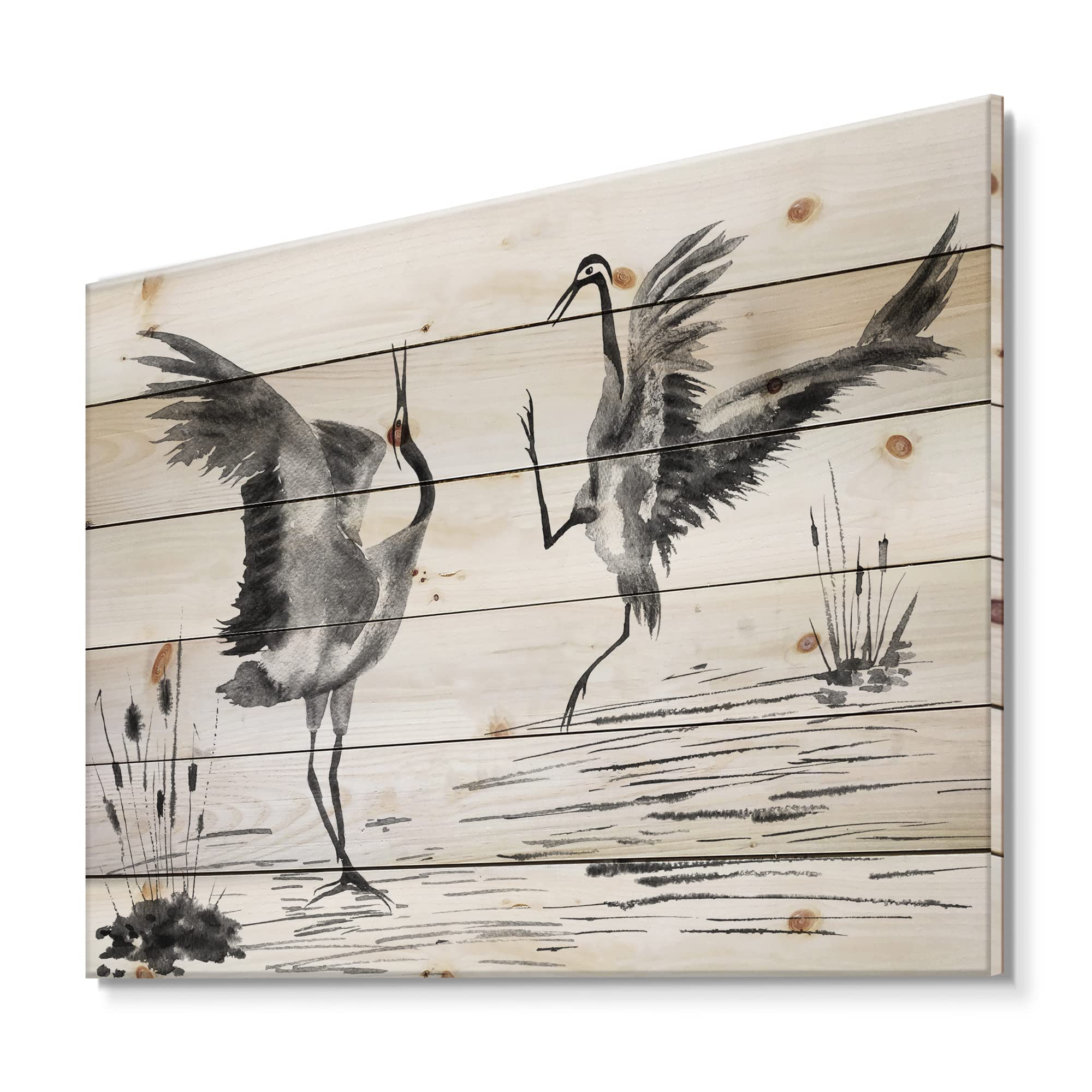 DesignQ Traditional Japanese Cranes Wood Wall Art - Handcrafted Grey Pine Wood Panel Decor with Two Enamored Birds for Living Room, Bedroom & Office