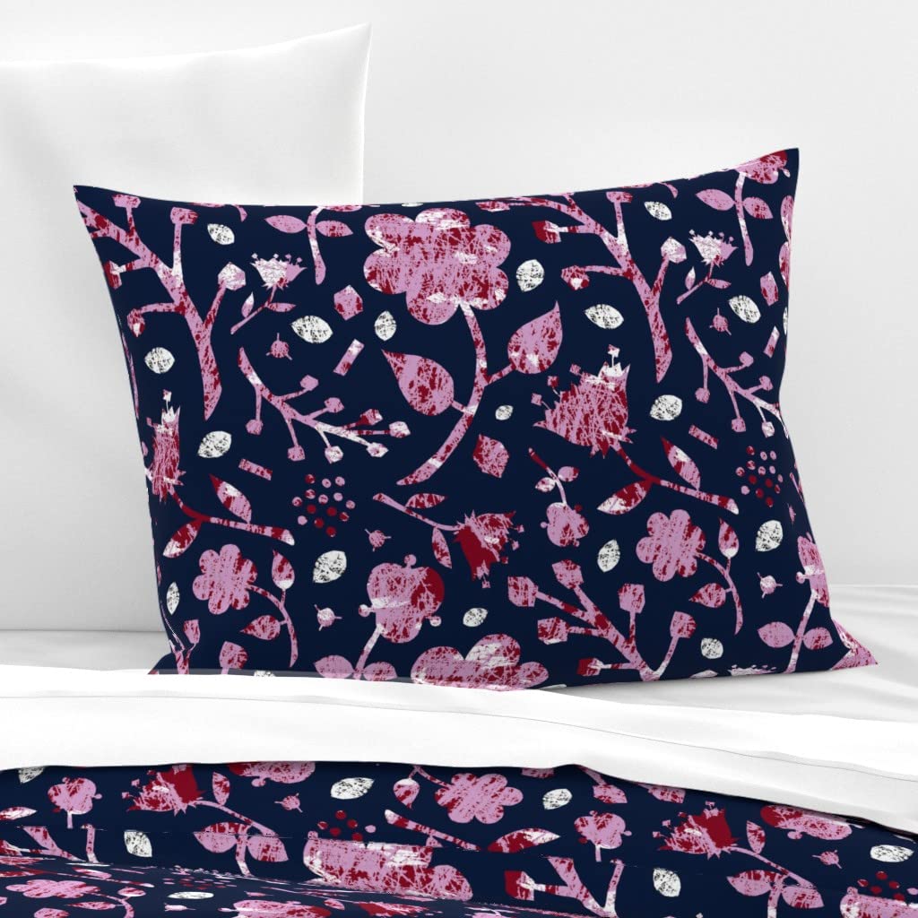 Spoonflower Cotton Sateen Sham Standard Size - Navy Blue Floral Lavender Modern Print Custom Bedding Pillowcase for Home Decor & Luxury Bedroom